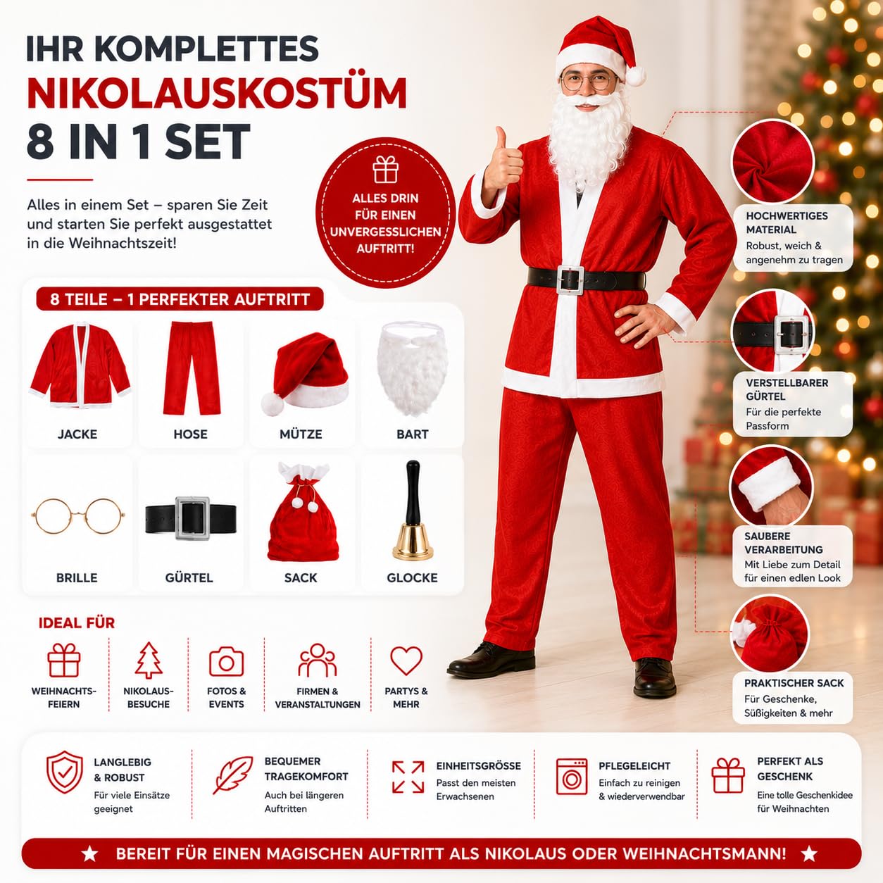 FASCHINFEVER 8 in 1 Set Santa Claus - Weihnachtsmannkostüm & Nikolauskostüm - für Weihnachten - Kostüm für Nikolaus - Weihnachtsmann - Herren & Erwachsene