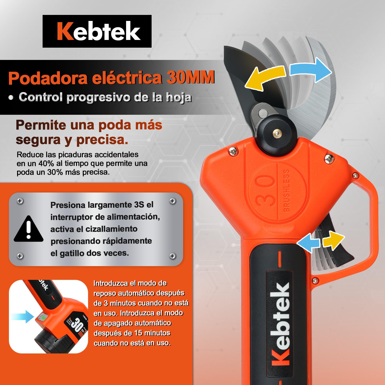 Kebtek KT 9030 Tijera de Poda Eléctrica 30mm Ligera | Batería 16,8V Con Dos Baterías 2×2,5Ah, 8–10 h de Autonomía, Corte Ajustable, Ideal Para Jardines, Rosales Y Árboles Frutales