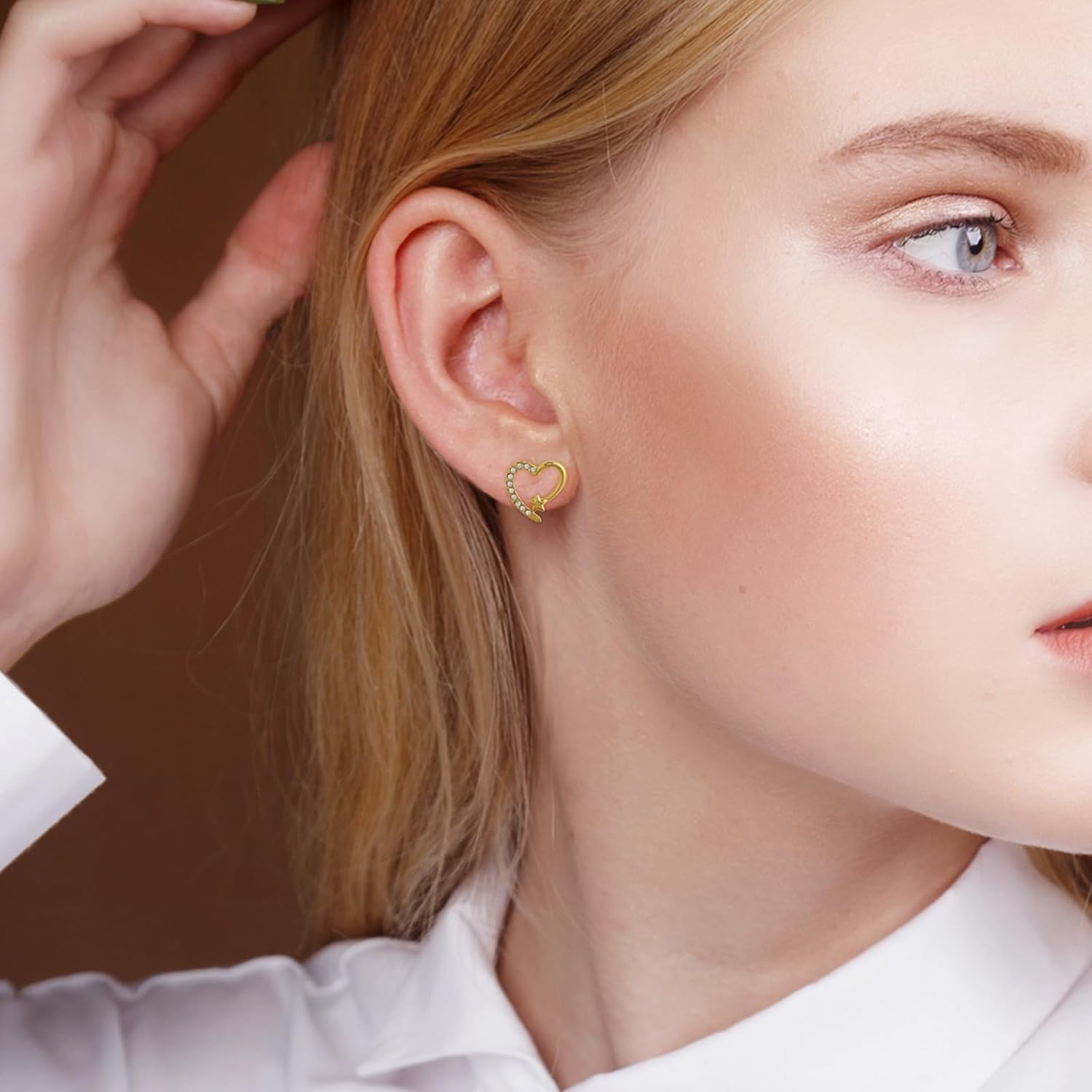 Small 14K Gold Plated Heart Stud Earrings for women with Star and Cubic Zirconia Love Earrings Asymmetrical heart Design - Image 2