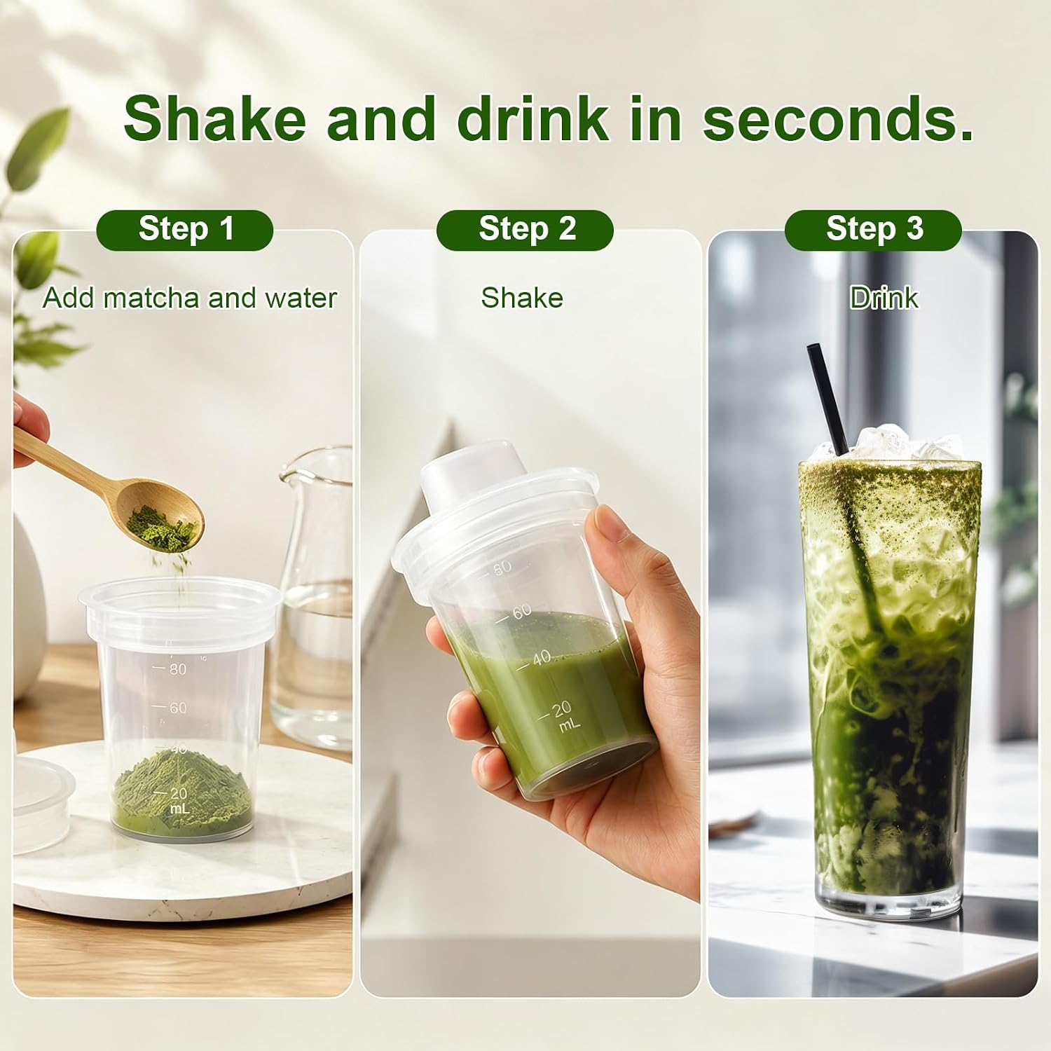 BOXOB 2pcs Mini Matcha Shaker Cup, Matcha Mixer Bottles (Clear, Green)