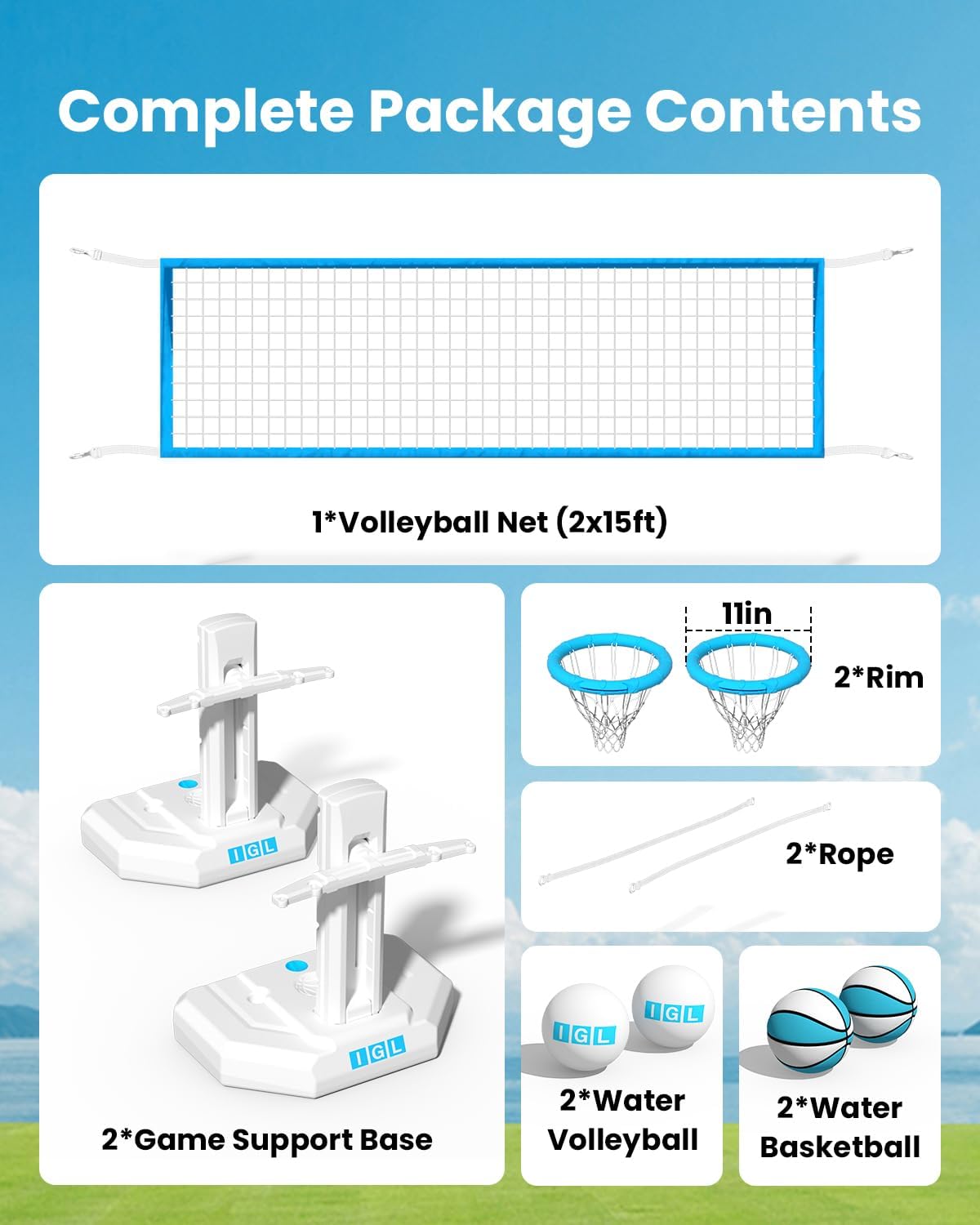 IGL Pool Volleyball Net & Pool Basketball Hoop 2 in 1, Height Adjustable Volleyball Net for Pool, Poolside Basketball Hoop with Fillable Base & Stand, Includes 4 Balls & Pump
