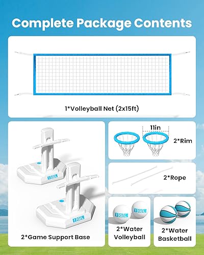 Miniatura 8 de IGL Red de voleibol para piscina y aro de baloncesto 2 en 1, red de voleibol ajustable en altura para piscina, aro de baloncesto junto a la piscina
