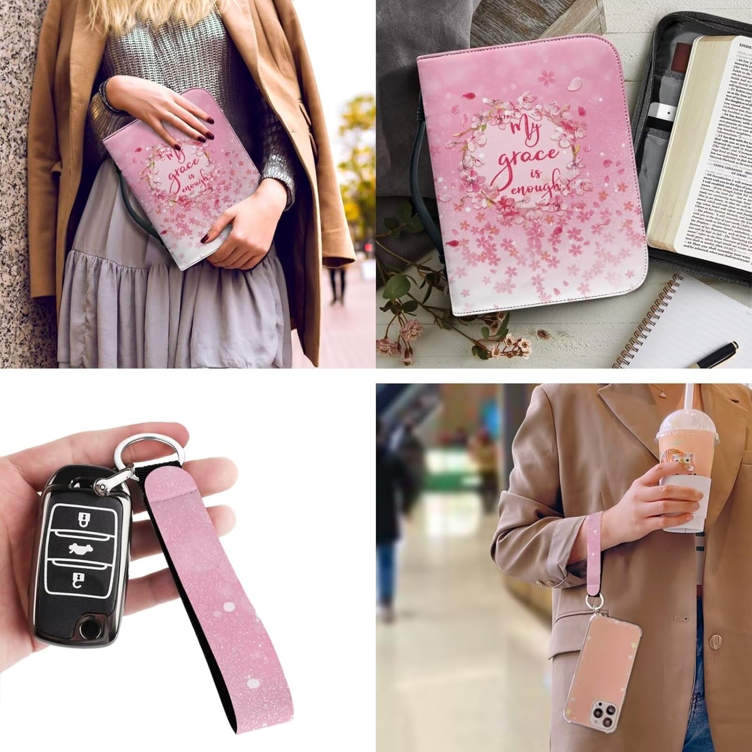 Cherry Blossom Bible Covers for Women with Handle Durable Men Bible Carrying Case Multifunctional Wrist Let Lanyard Key Chain Holder for Study
