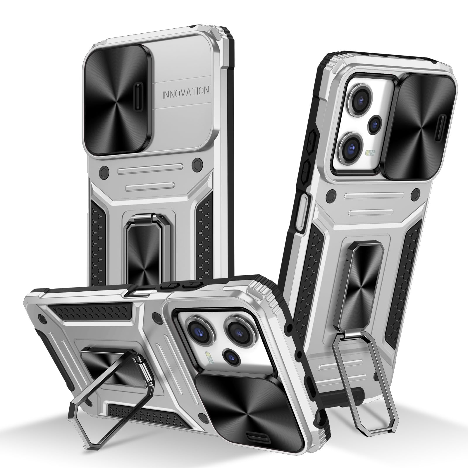 CENXI Phone Case for Xiaomi Redmi Note 12 Pro 5G/Poco X5 Pro 5G with Slide Camera Cover ring, Military Grade Drop Protective Phantom King Kong Phone Cover Case with Ring Kickstand (Silver)