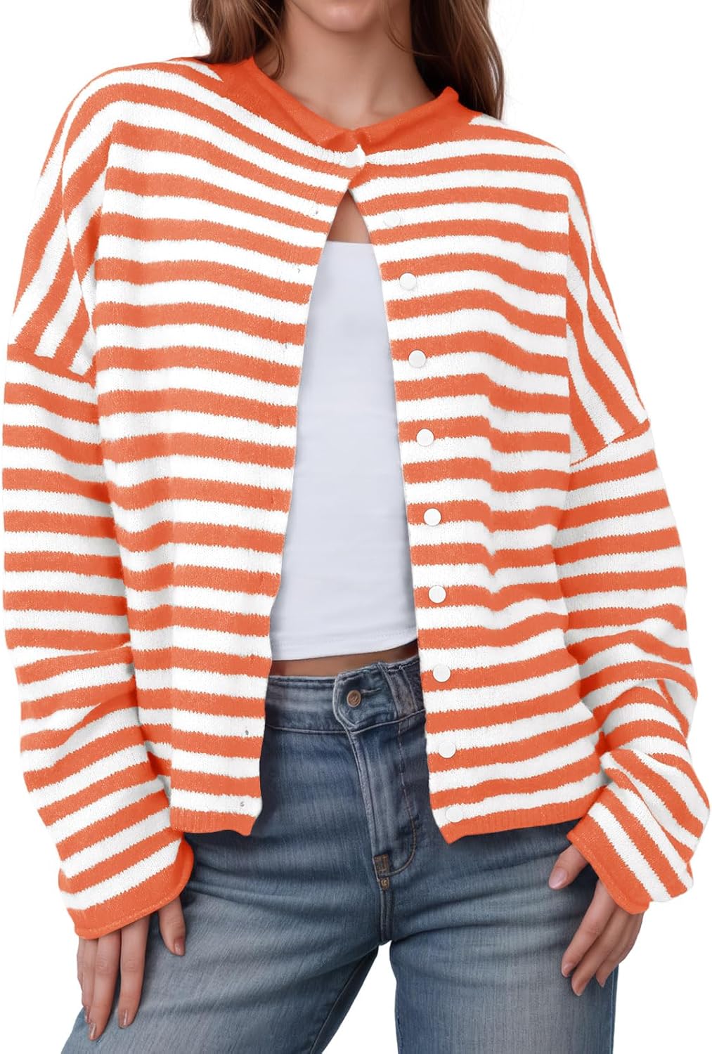 Saodimallsu Womens Striped Cardigan Casual Long Sleeve Open Front Button Down Loose Knit Lightweight Fall Sweaters