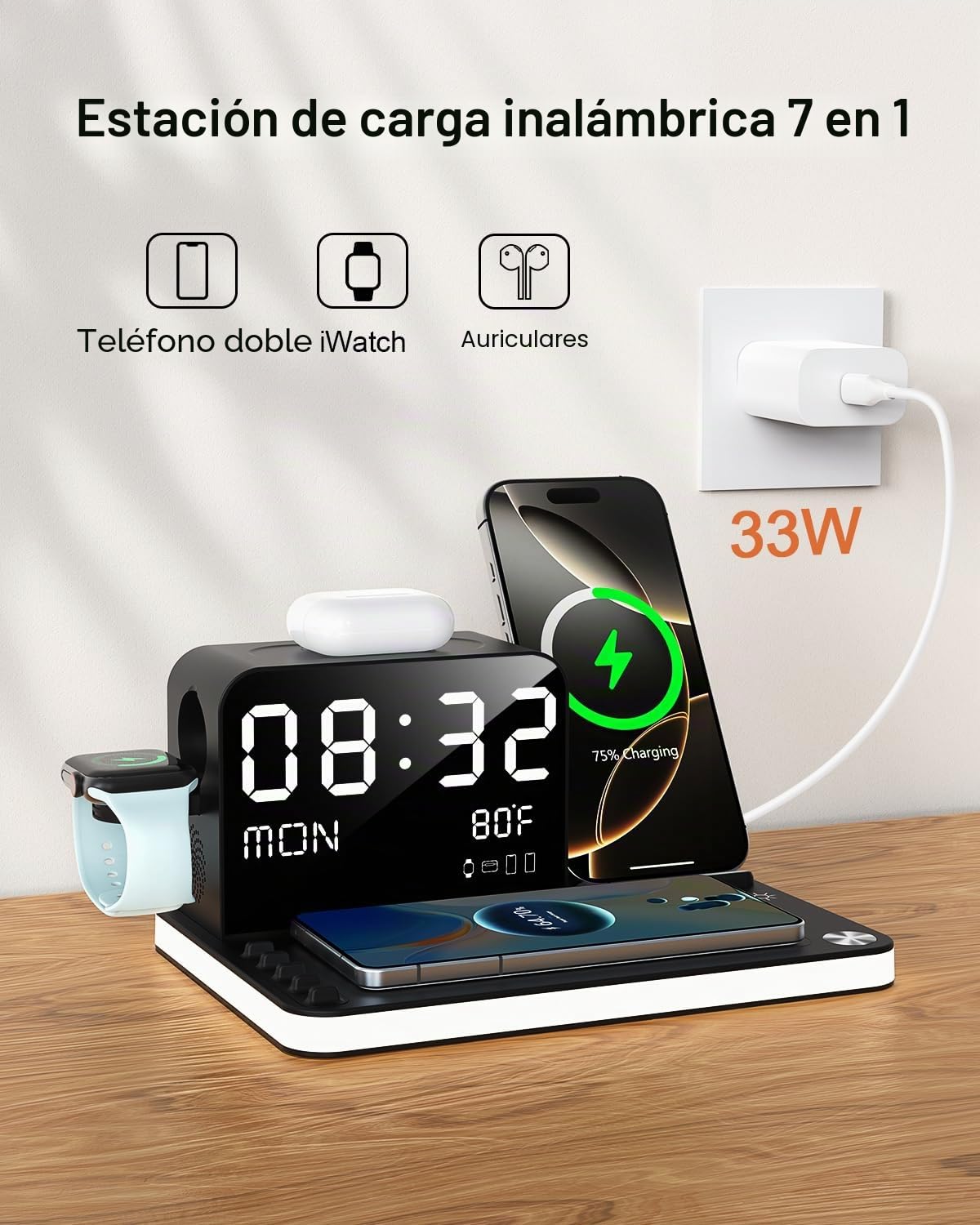 Estación de carga, cargador inalámbrico dual para teléfono 7 en 1 con reloj, base de carga junto a la cama con luz, adaptador de 33W, TimeSync, cargador rápido para iPhone 17 16 15 14 13 12 Pro Max