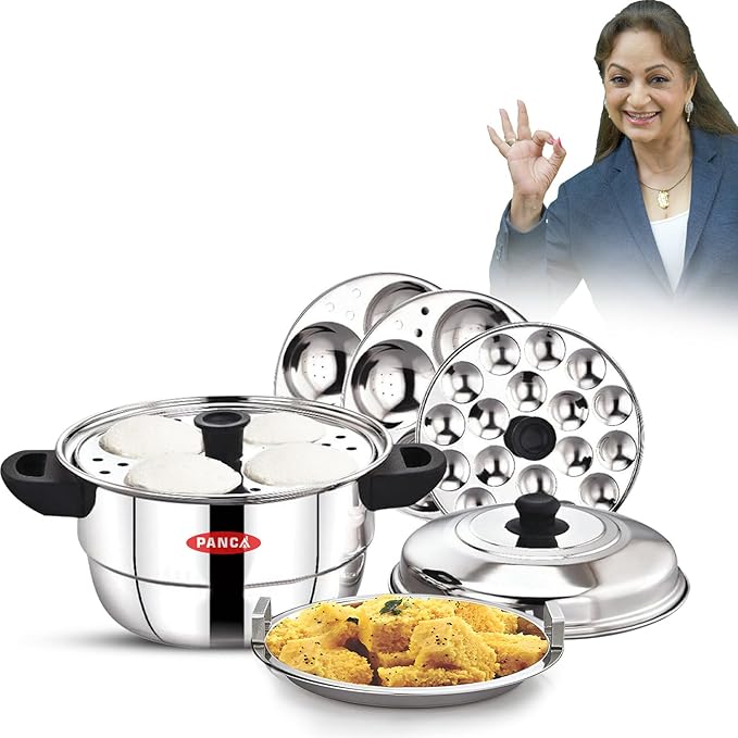 PANCA 15 Litre Stainless Steel Idli Maker | 5 Plate Idli Cooker with 12 Cavities Each | Idli Steamer, Dhokla Maker, Mini Idli Plate & Multi-Purpose Idli Kadai Pot (5 Plate 12 Cavity Idli Cooker)