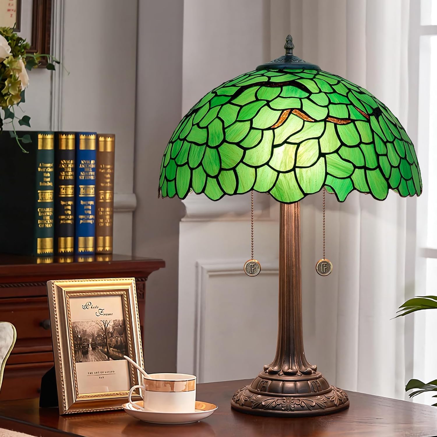 Tiffany Lamp Green Leaf Stained Glass Table Lamp 16X16X23 Inches Green Leaf Style Desk Reading Light Decor Beside Bedroom Living Room Home Festival Birthday Gift