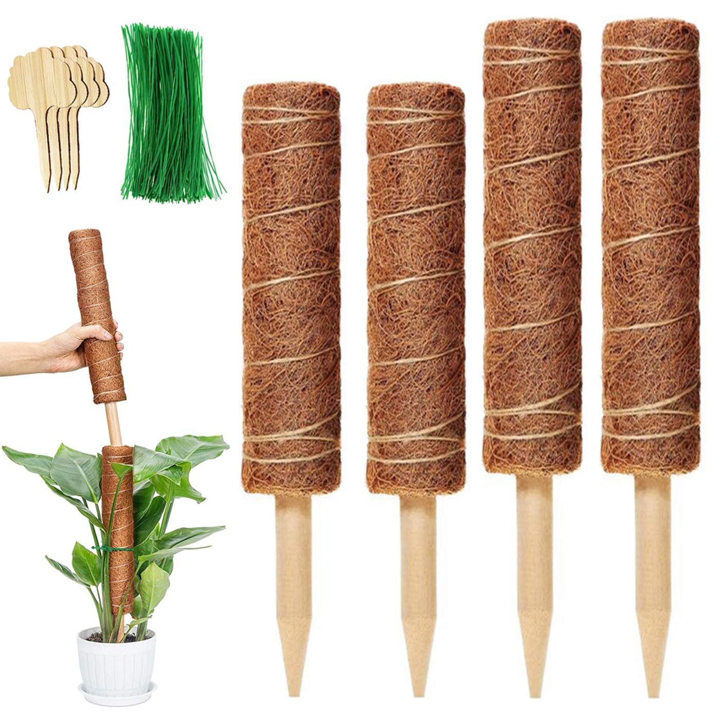 WOCLOER 42.5 Inches Coir Moss Totem Pole for Climbing Plants, Moss Pole for Monstera Support Extension, 4 Pack 15.7 Inch and 12 Inch Moss Stick, with 100 Pieces Garden Twist Tie