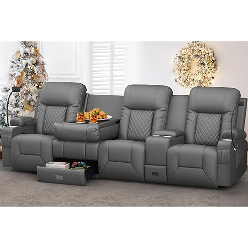 YONISEE 4 Seat Recliner Sofa with Flip Backrest Design, Loveseat Reclining Sofa with Storage Console, Drawer, USB Ports, 2 Cell Phone Holder, Loveseat Recliner Couch for Living Room (Dark Gray)