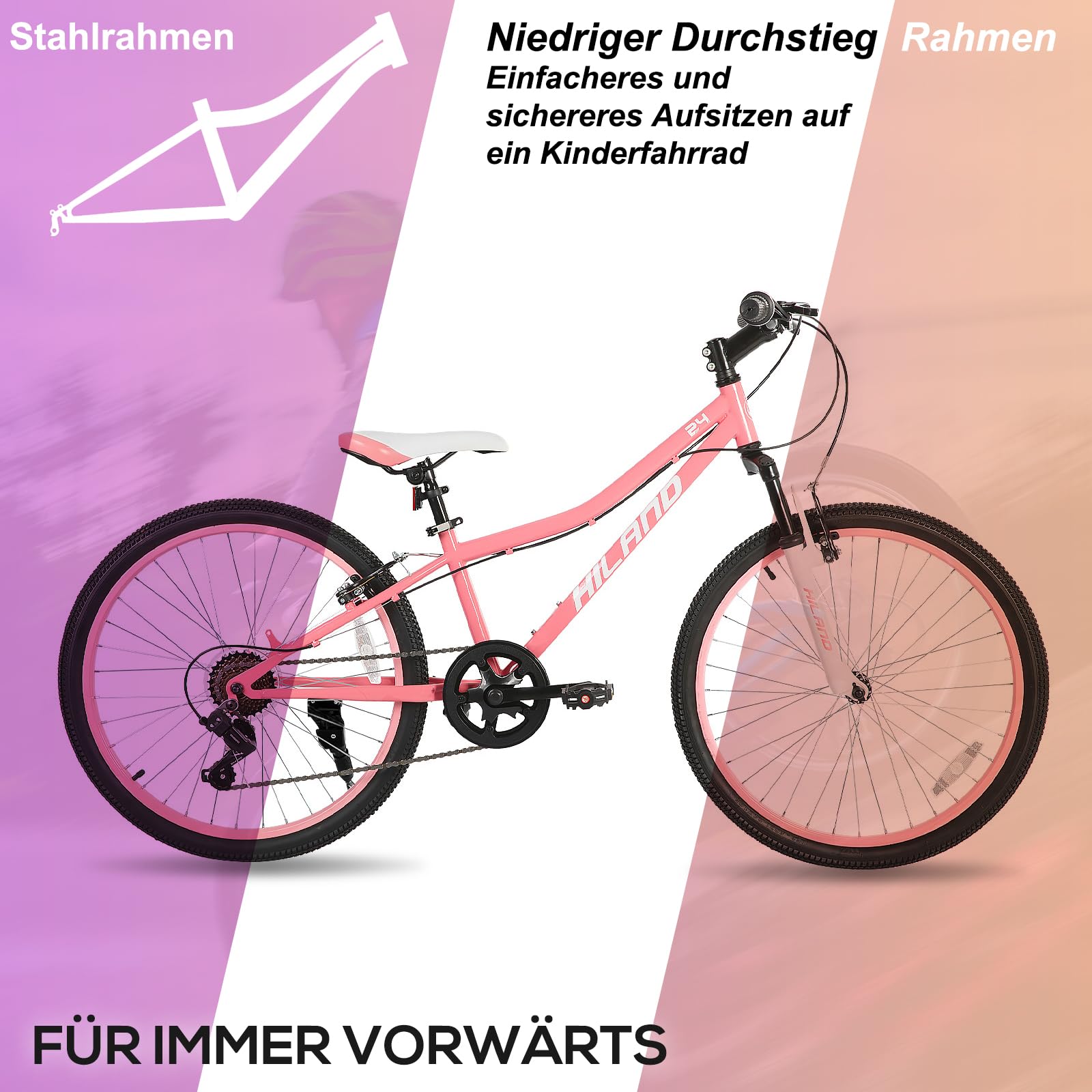 Hiland Climber 24 Zoll Kinderfahrrad, 7 Gang Kinder Mountainbike, Jugend MTB mit Federgabel, V-Bremsen Mountainbike für Jungen Mädchen, Schwarz/Blau/Mintgrün/Rosa