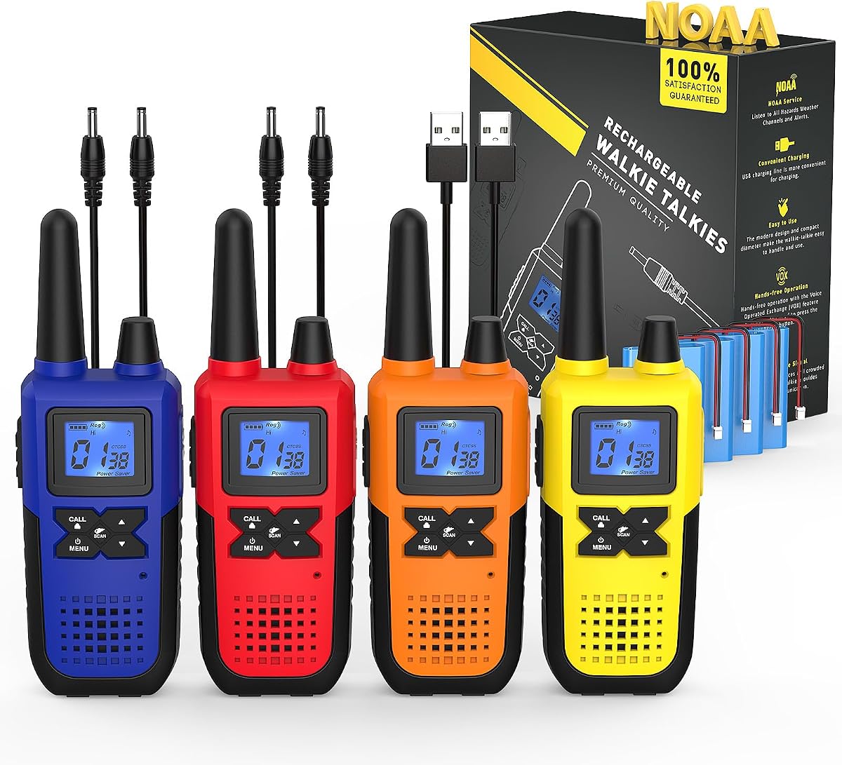 4 Walkie Talkies para Adultos de Largo Alcance Recargables con Alerta NOAA | Radios multiusos de 2 vías, paquete de 4 para trabajo en equipo, cuidado de personas mayores, niños, aventura, familia, Camping, senderismo, esquí, crucero