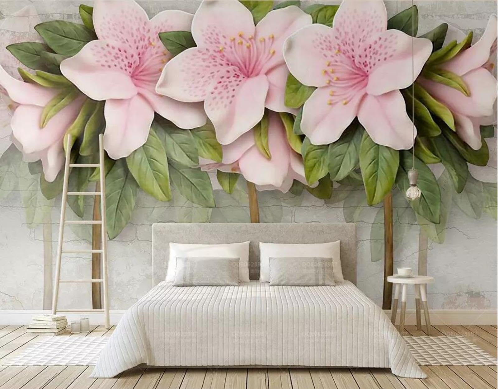 Papier peint fleurs roses et feuilles style briques rustiques