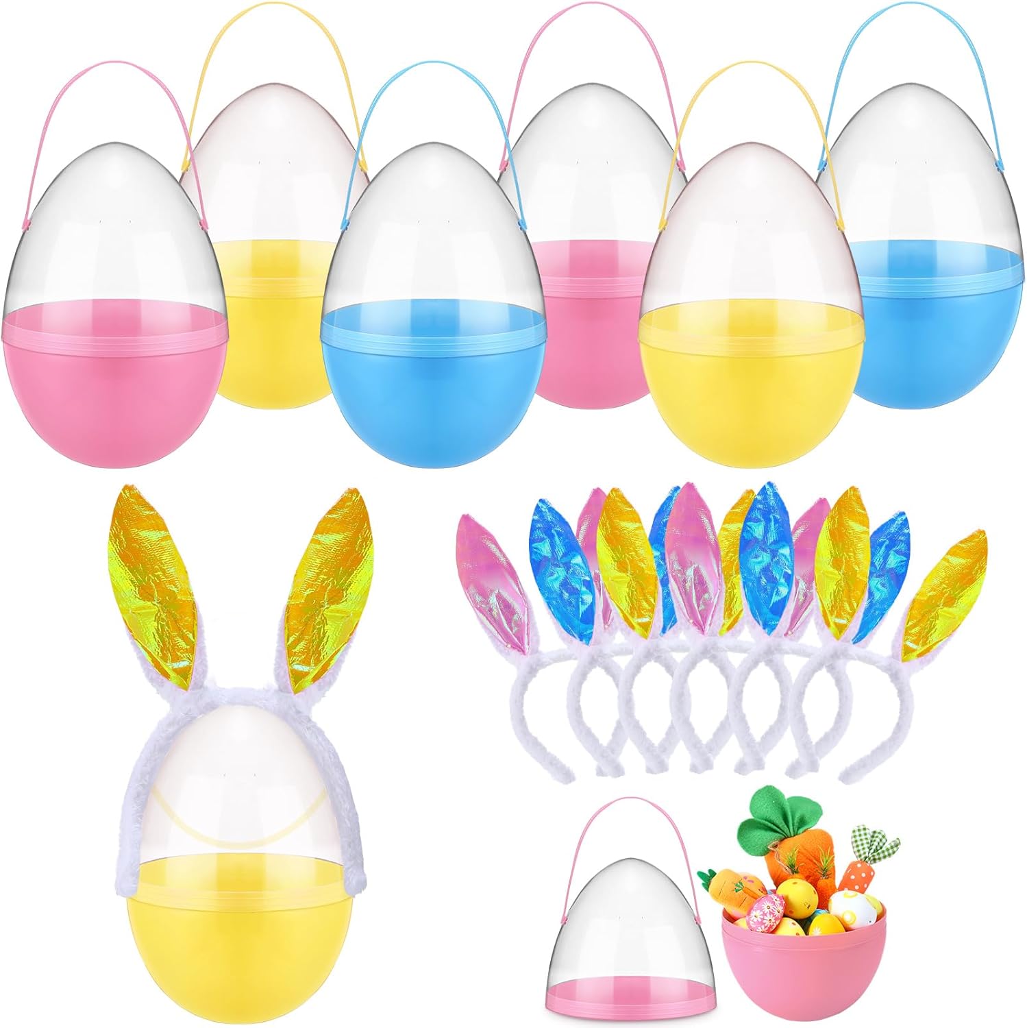 6 Set 10 Inch Jumbo Easter Egg Plastic Fillable Giant Large Easter Eggs with Handles Rabbit Headband Colorful Big Egg Bucket Stuffers for DIY Hunt Decoration Party Supplies(Pure Color)