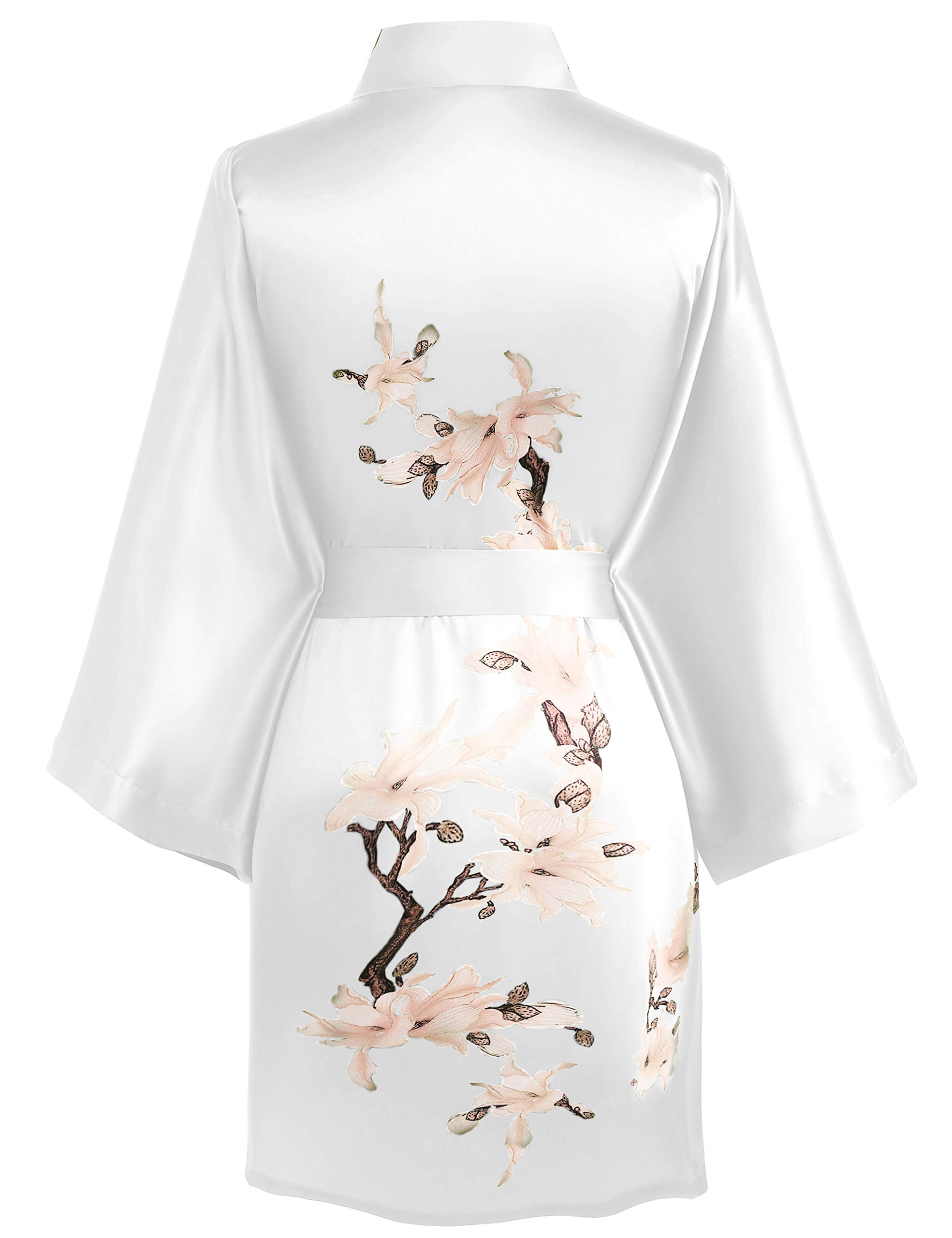BABEYOND Satynowy szlafrok kimono, krótki kwiatowy nadruk, kimono, długa sukienka do kolan, kimono, okrycie dla kobiet, na wesele, piżama na imprezę, biały, rozmiar uniwersalny