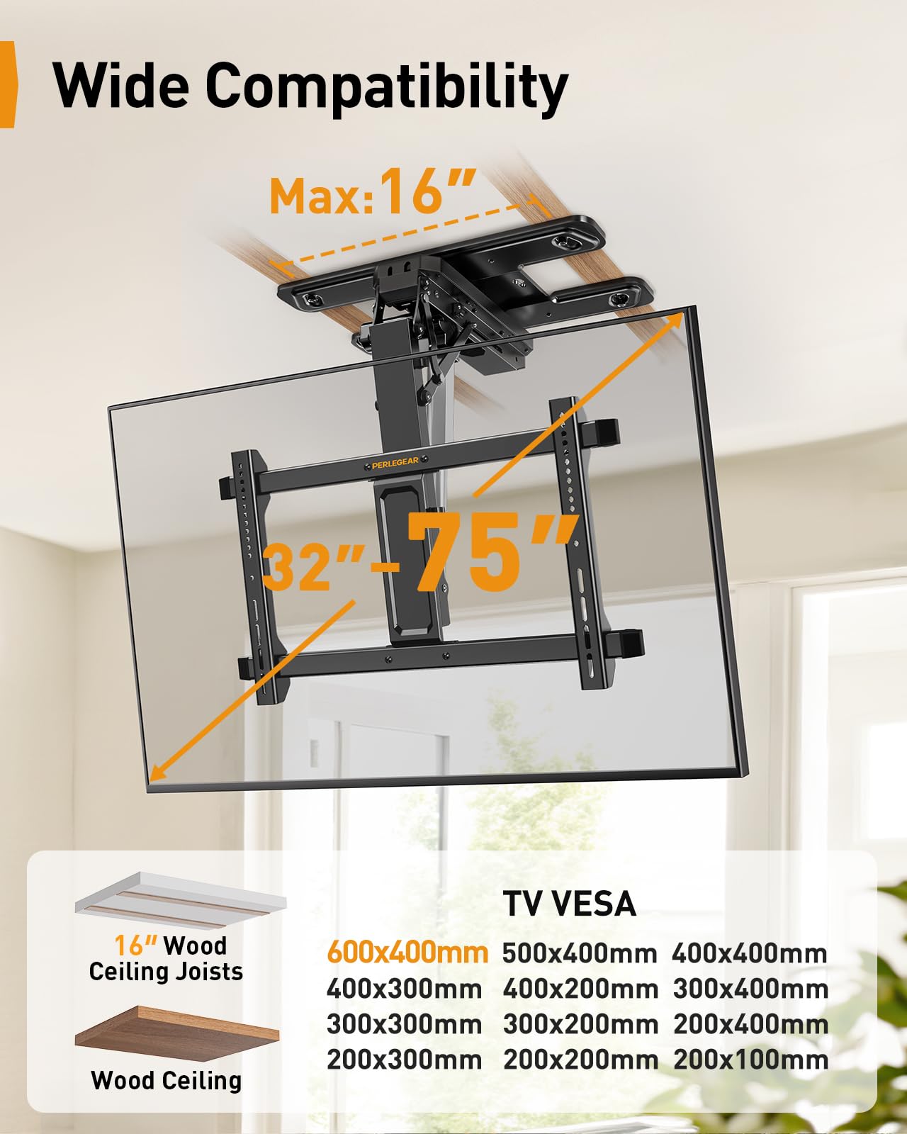 Perlegear Soporte eléctrico de techo para TV con aplicación y control remoto, soporte de techo motorizado de movimiento completo para televisores planos y curvos de 32 a 75 pulgadas de hasta 110
