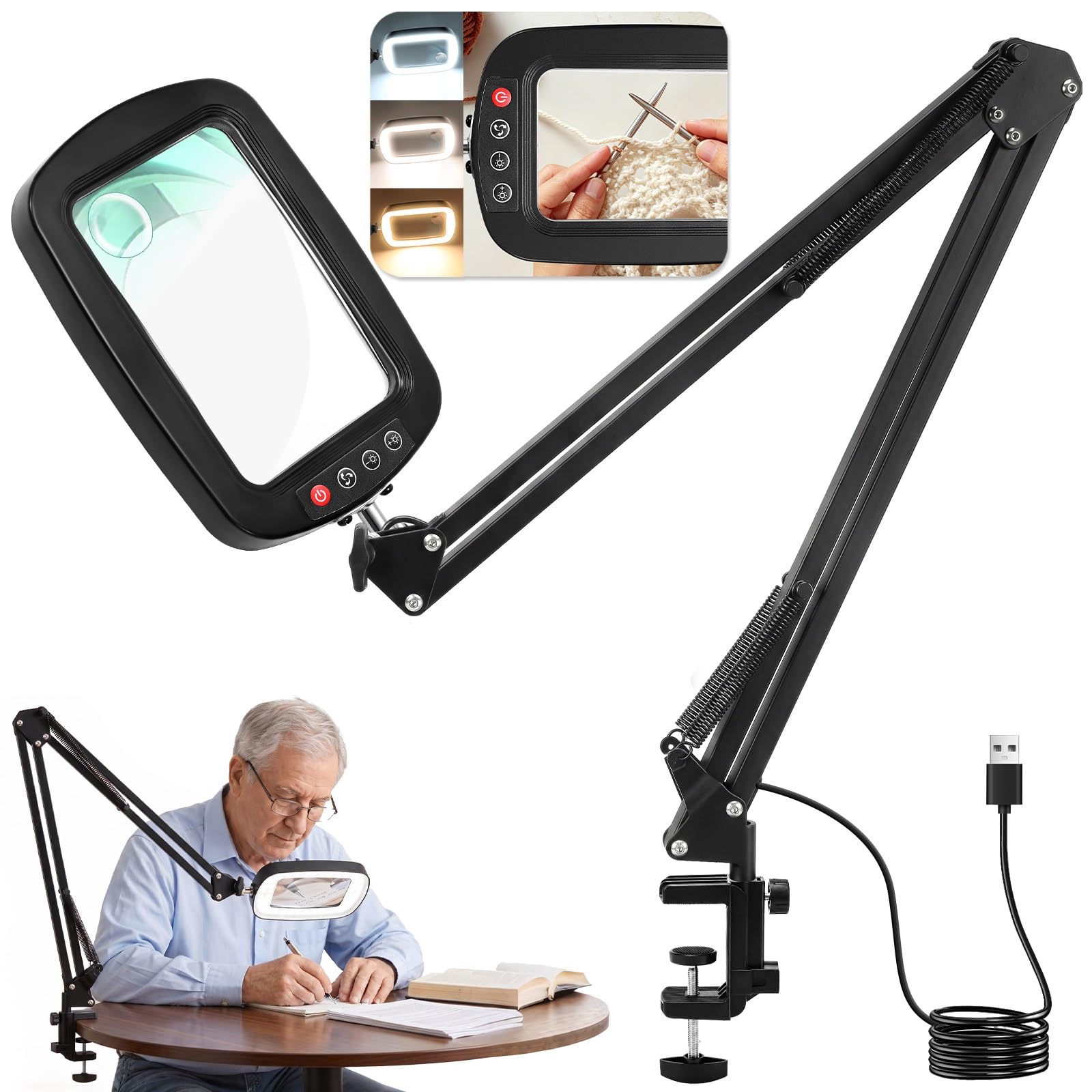 NZQXJXZ Lupa con Luz 10X 30X con Pinza para Lectura y Hobbies | Brazo Flexible 75 cm, Lente Acrílica Grande, 3 Modos de Luz, Brillo Regulable y Pinza Práctica para Uso Manos Libres