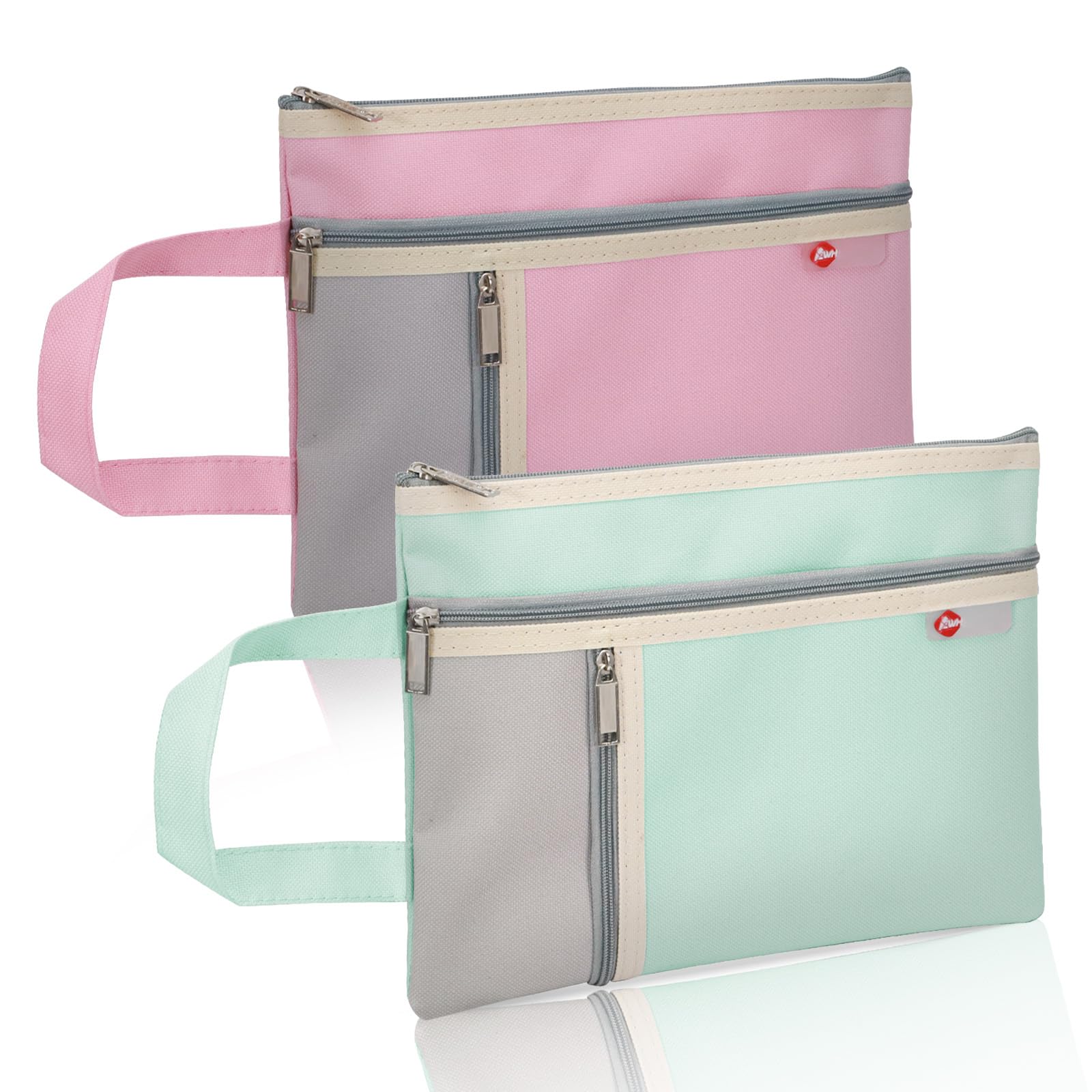 Realand 2Pcs A5 Waterproof Document Bag File Organizer, 3 Pockets Oxford Zipper Pouches for Organizing with Handle, Notary Bag for Paper Books Project Tote Bag, Green and Pink