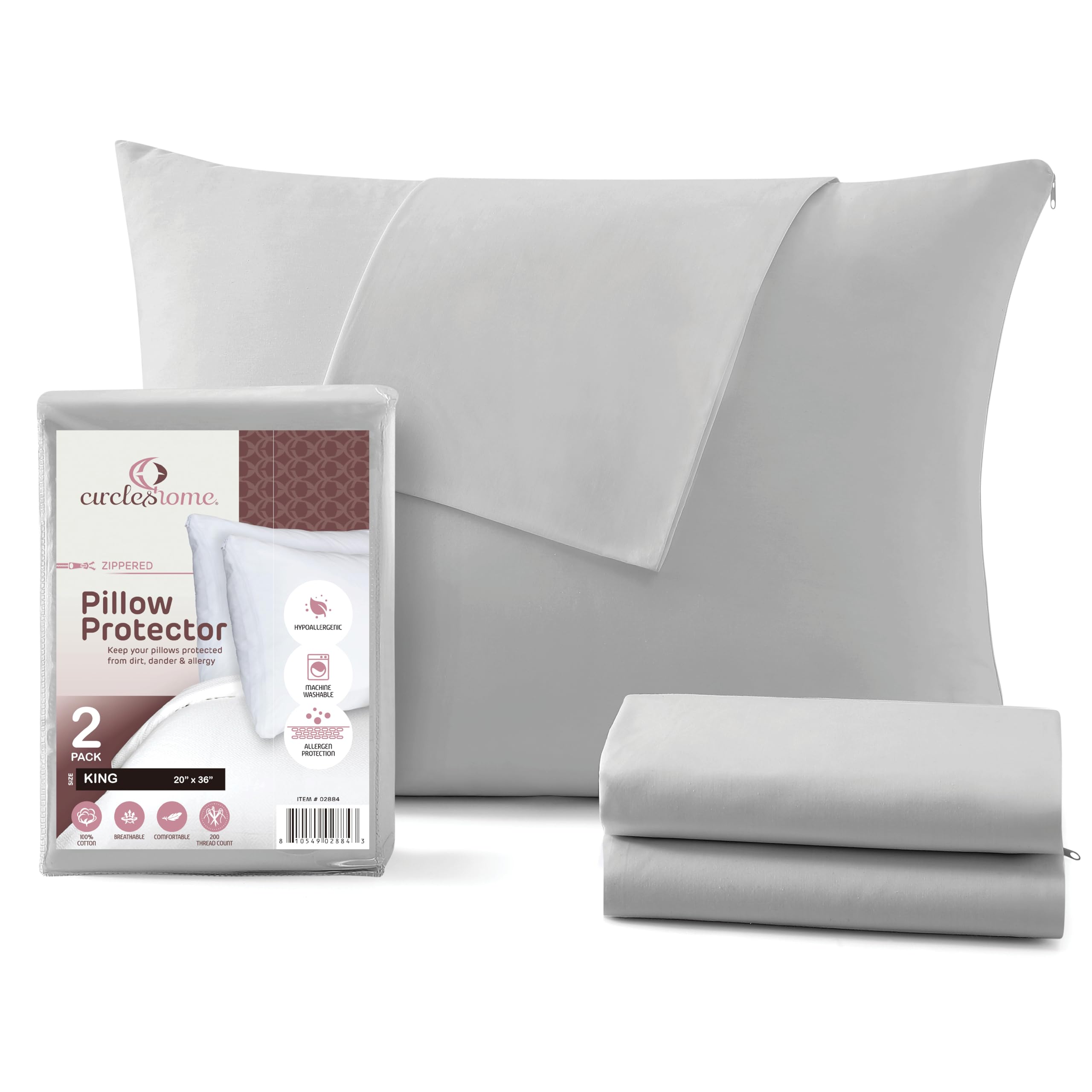 CirclesHome Pillow Protectors 2 Pack King Zippered - 100% Cotton Breathable Pillowcases - Protects Pillows from Dirt, Dust and Debris (King - Set of 2 - 20x36)