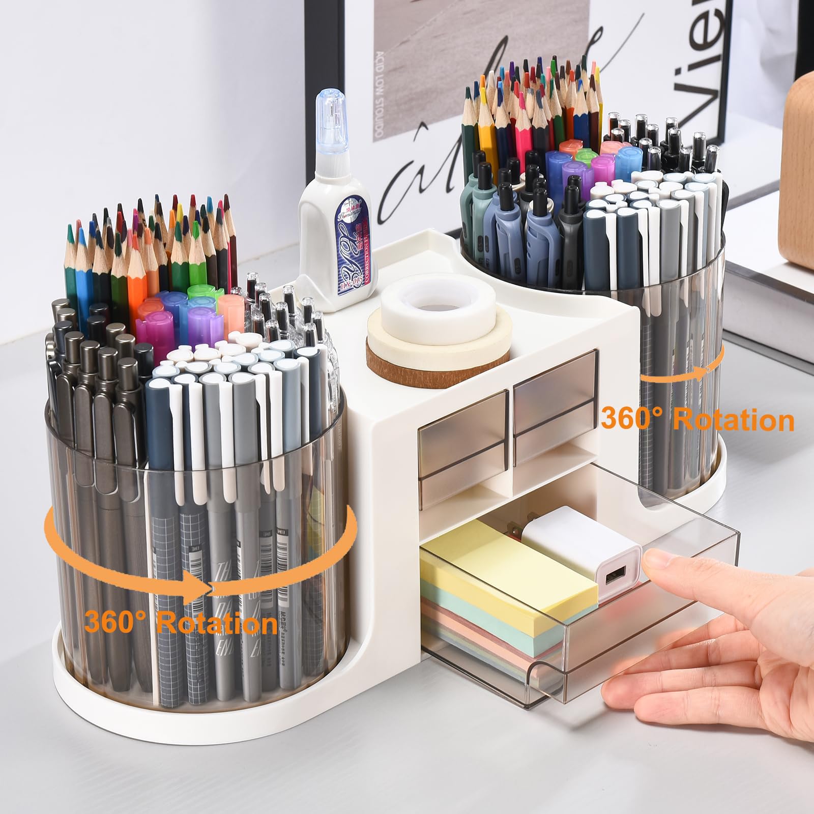 Portapenne da scrivania girevole a 360°Portamatite da Scrivania con 14 scomparti Organizer Scrivania Grande Capacità Porta Penne Rotante per Matite Pastelli Scuola Casa Ufficio (Beige)