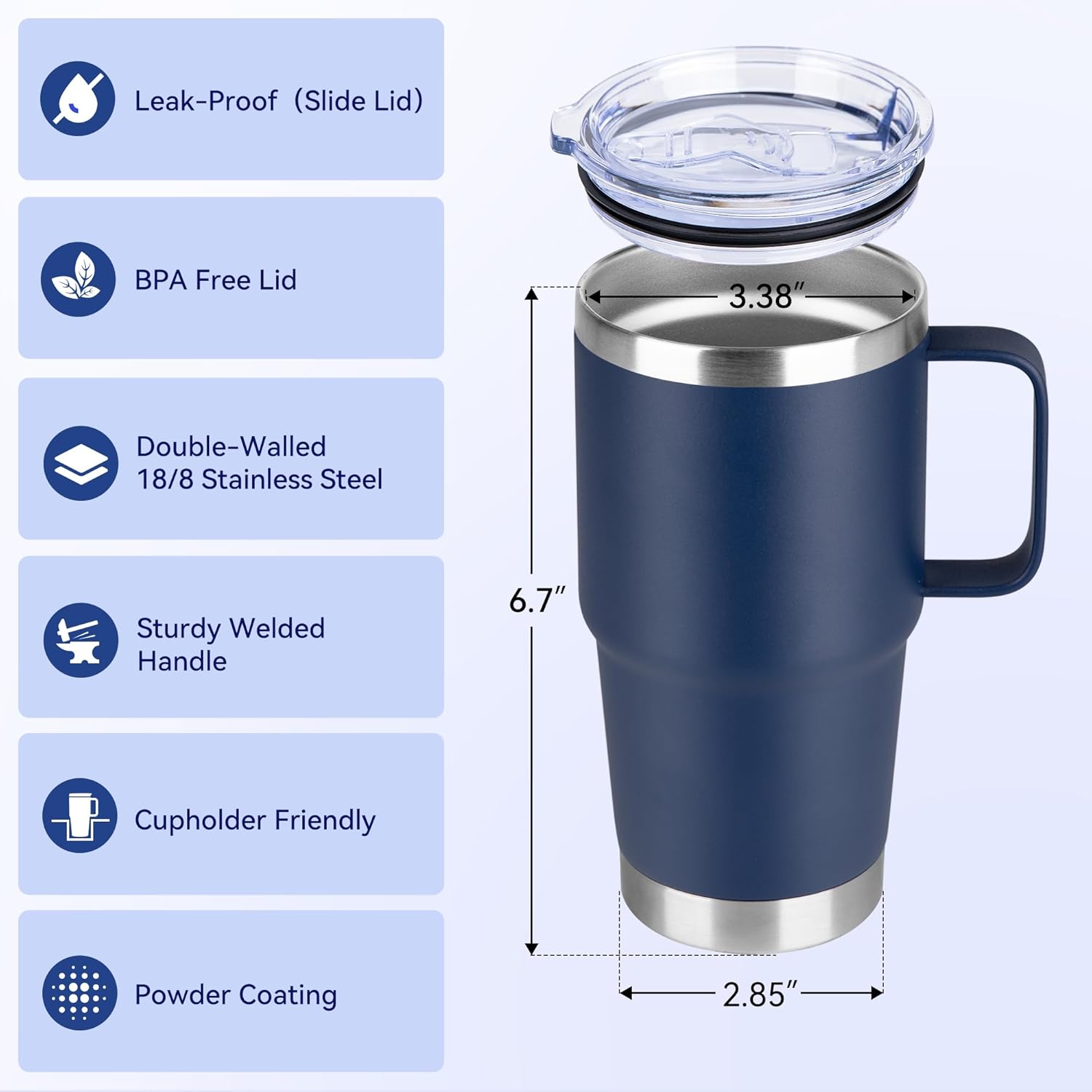 20oz Tumbler Bulk with Lid, Stainless Steel Tumbler Bulk with Handle, Metal Insulated Travel Coffee Mug Set with Handle, Double Wall Vacuum Leak Proof Tumbler Cup, Navy 12 Pack - Image 2