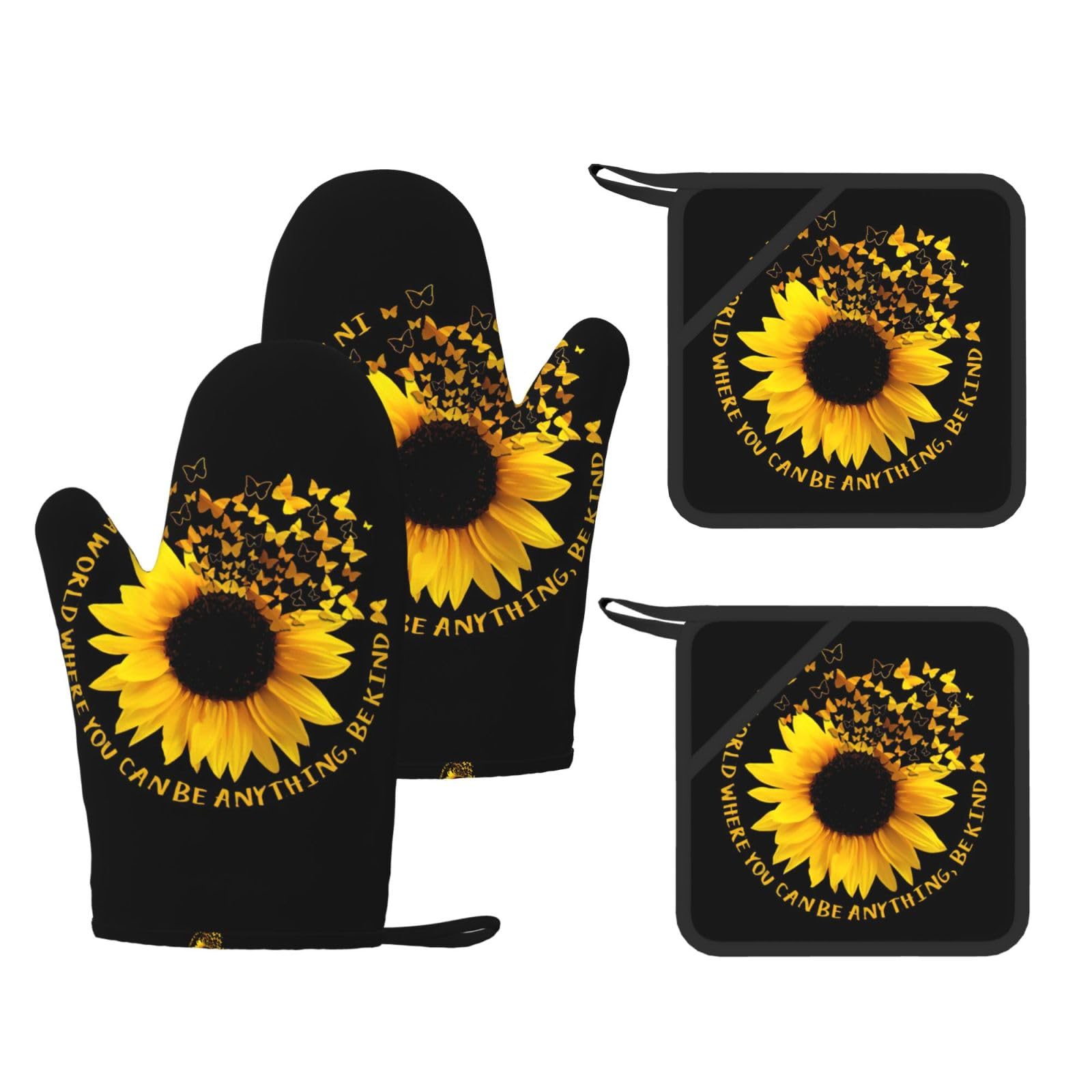 Butterfly And Sunflower Print Oven Mitts And Pot Holders Pads Set, Oven Glove High Heat Resistant 500 Degree For Kitchen