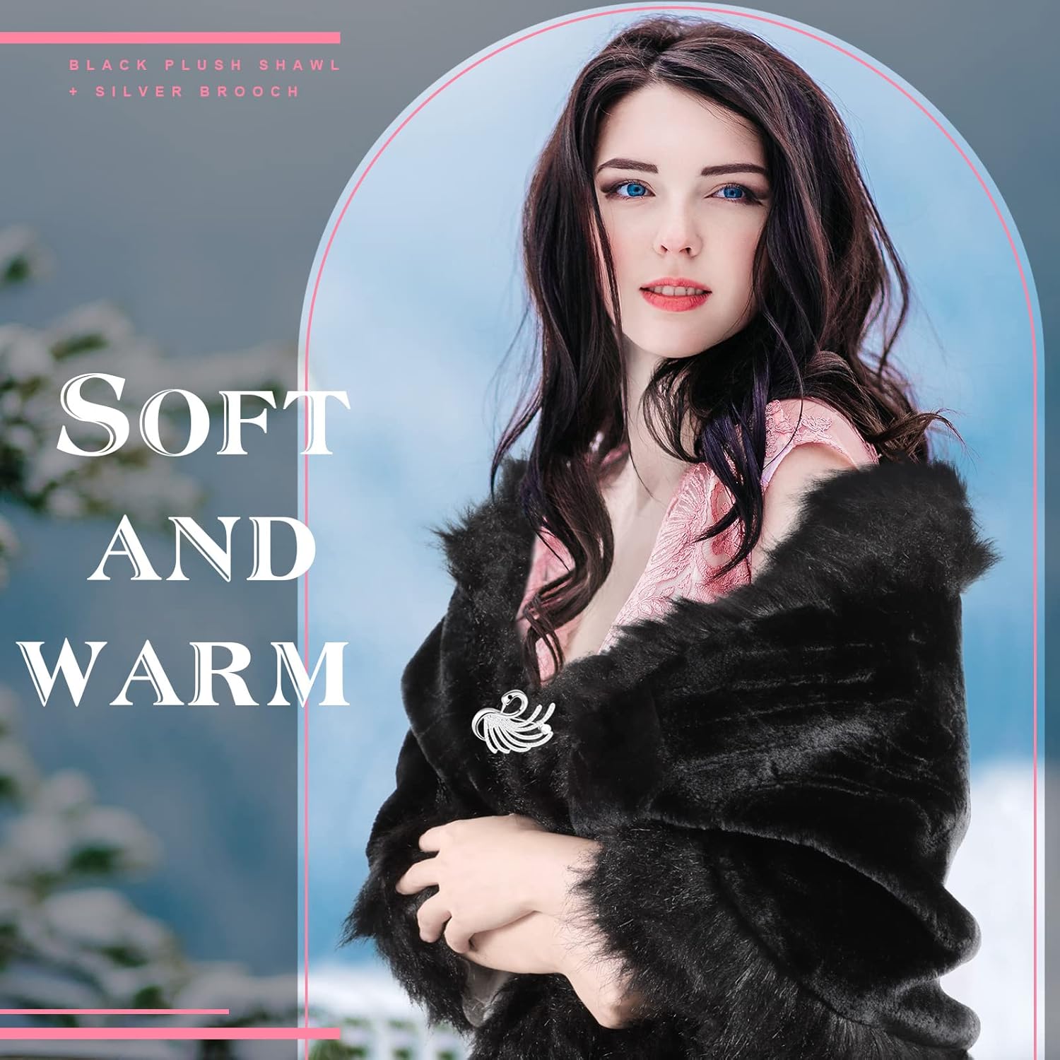 SATINIOR 1920s Faux Fur Wrap Shawl Women's Fur Cloak Cape Shawl Luxury Bridal Cape Pearl Rhinestone Brooches - Image 3