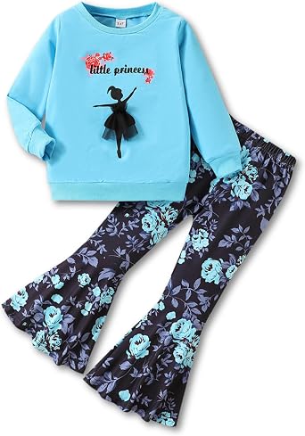 3-9 T Kids Toddler Girl Clothes Letter Print Sweatshirt Flared Pants 2Pc Outfits Set