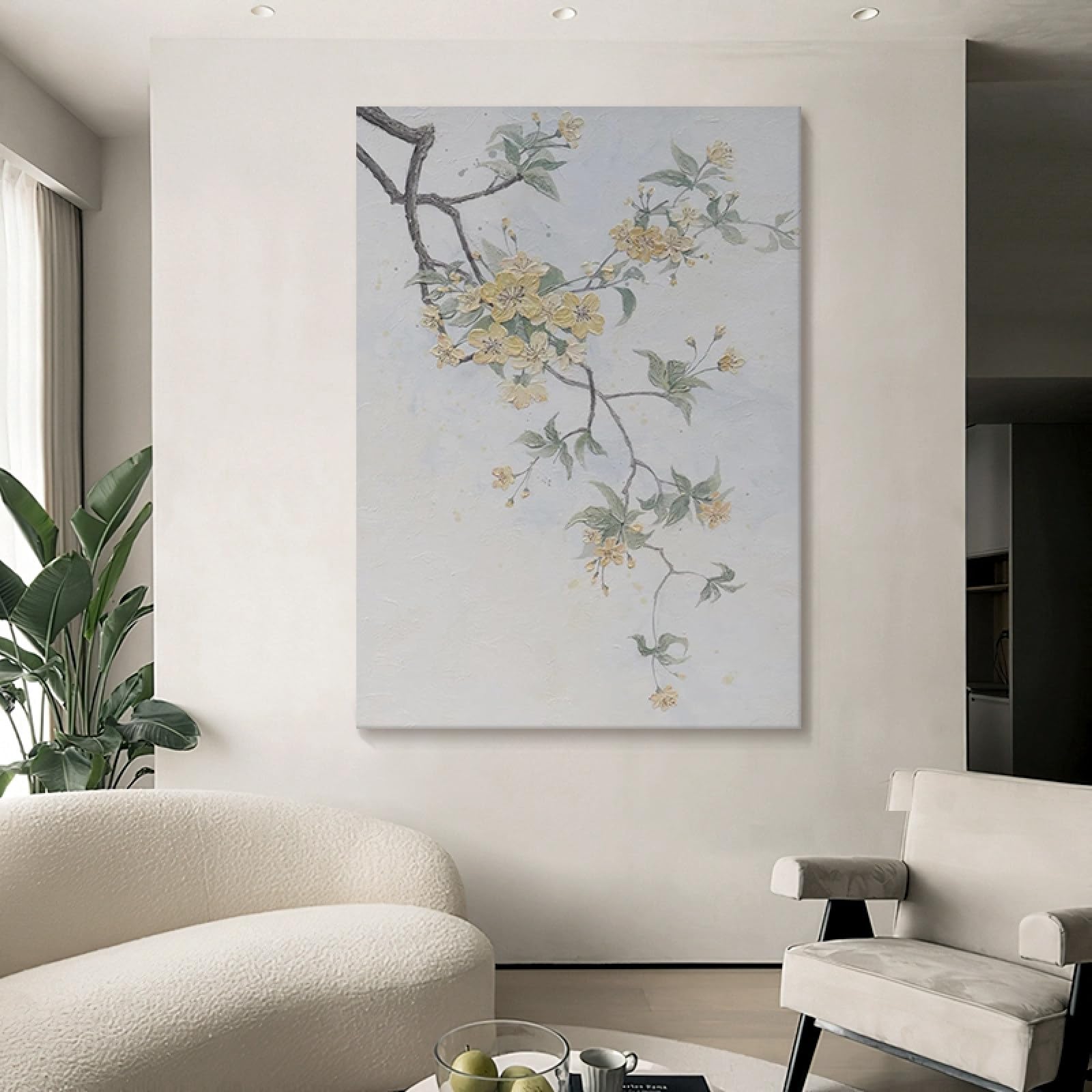 Peinture fleurs jaunes 3D grand format pour décoration murale salon