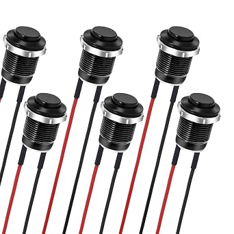 6pcs Black Momentary Push Button Switch 12v Waterproof Button Switch Black Metal, 12mm Mini Round Push Button Switch with Pre-Soldered, 1/2'' Small Round Power Pushbutton for Automotive Marine Boat