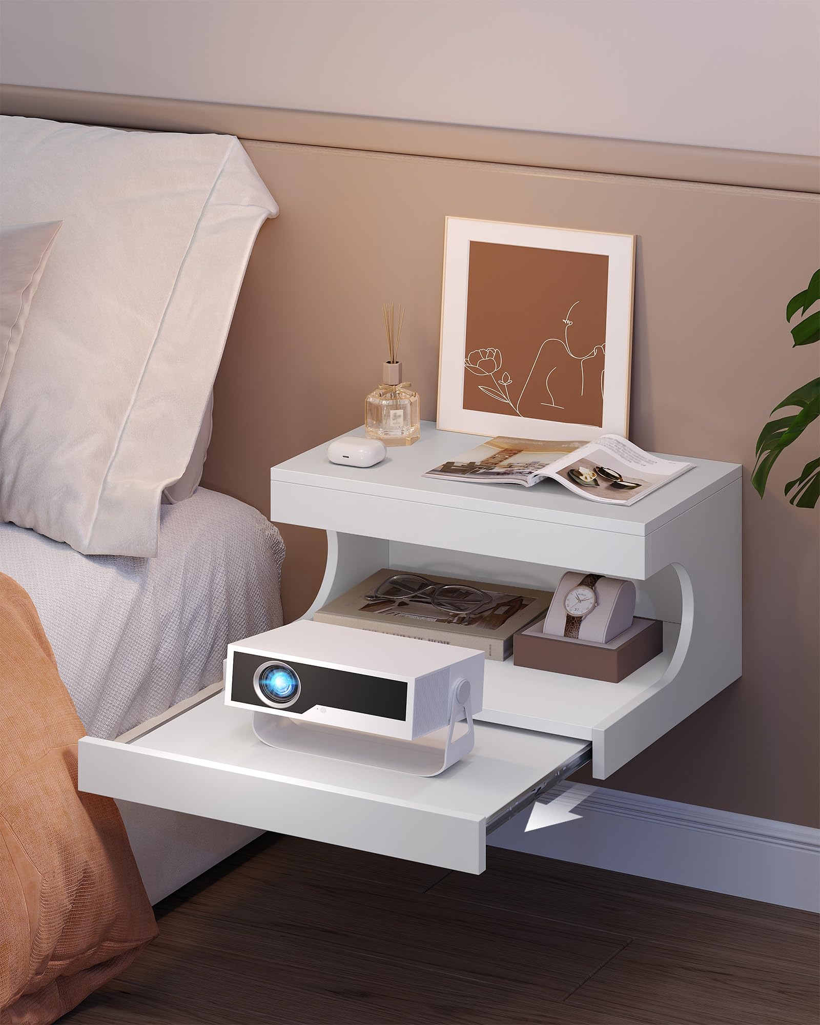 Hzuaneri Nachttisch Hängend 2er Set, Wandmontierter Regal-Nachttisch mit Schiebe-Tablett, Nachtkästchen Schwebend Wandregal mit Offener Raum, für Schlafzimmer, Wohnzimmer 30 x 40 x 20 cm Weiß NS51203X