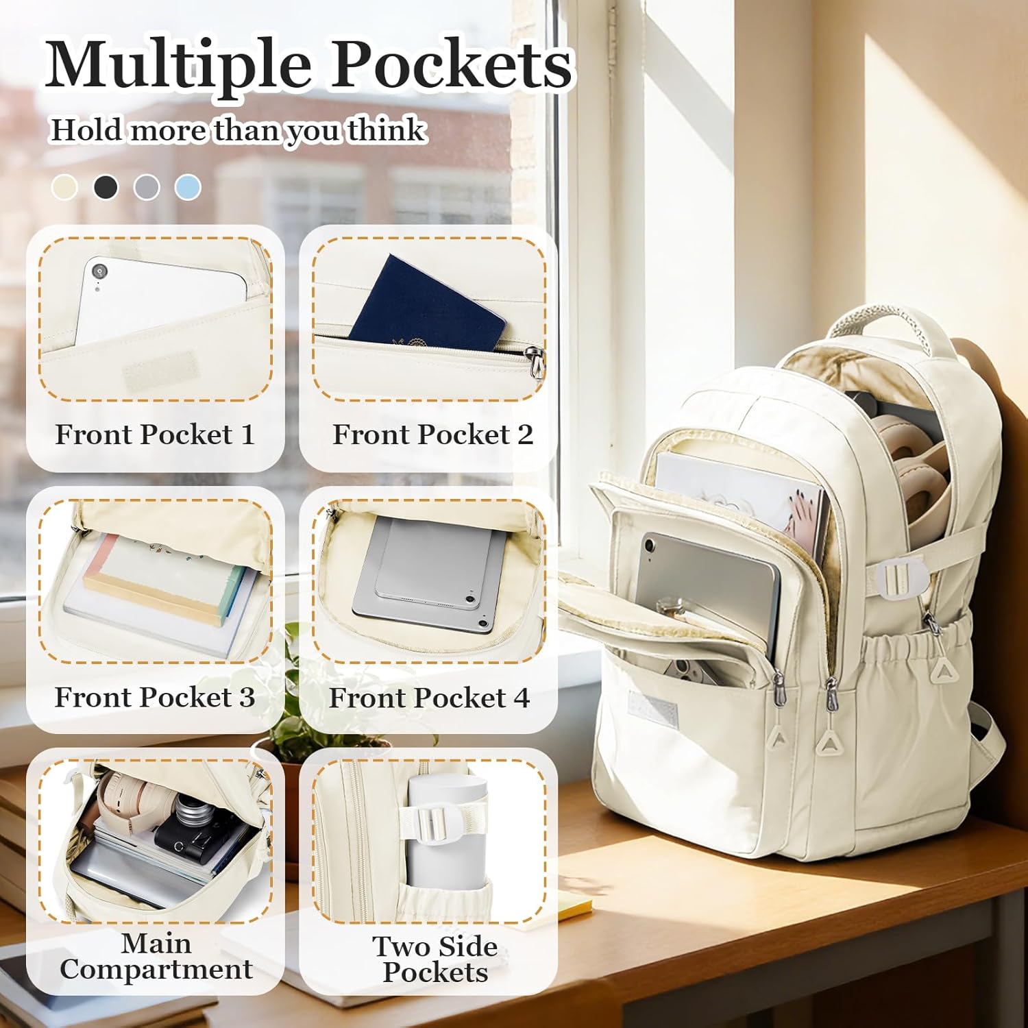 Lightweight Black College Backpack for Women Men, Cute School Bag for Teens Girls Boys, Simple Middle School Bookbag, Waterproof Casual Daypacks for Students(Beige)