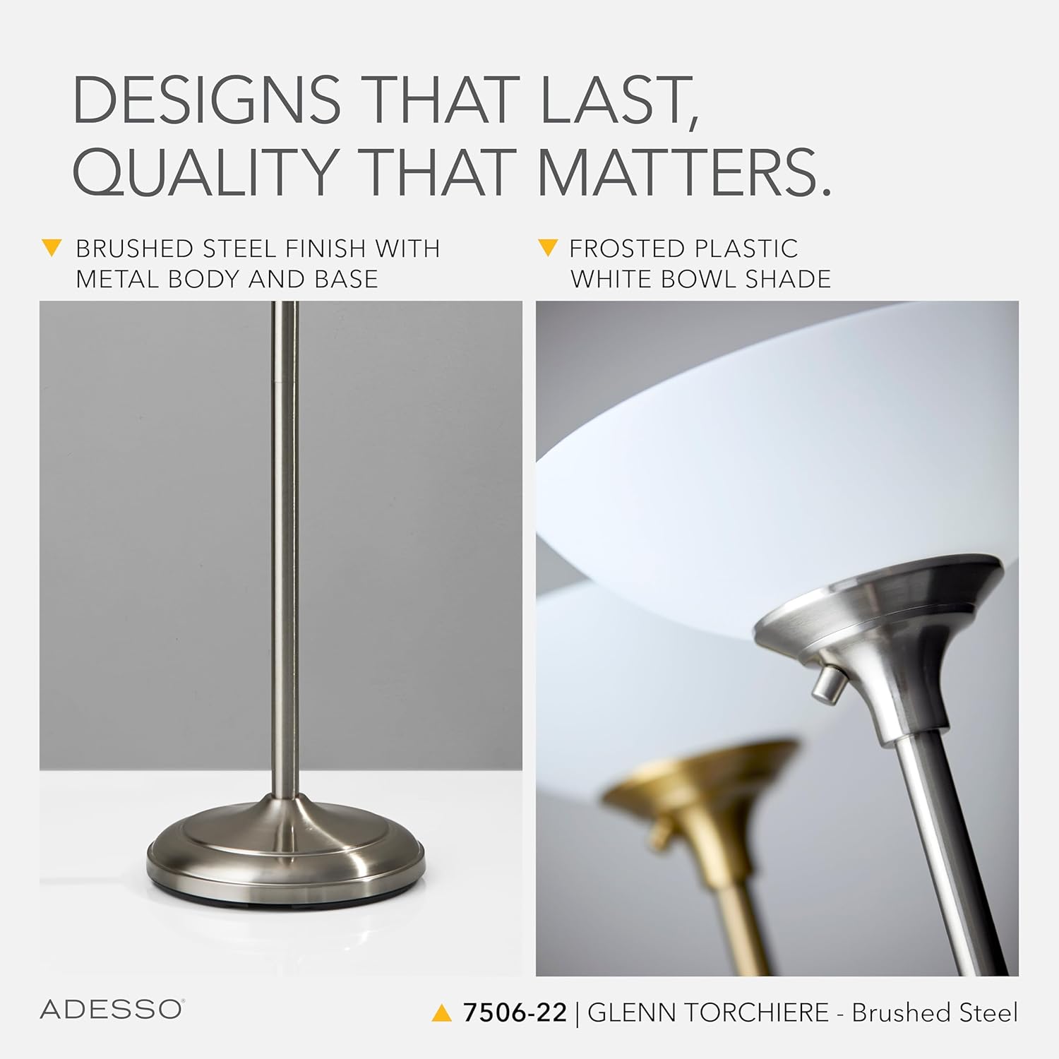 Adesso Brushed Steel Torchiere Floor Lamp with Frosted White Shade – 300W Double Socket Construction, Modern Accent Lighting for Bedroom, Living Room, or Home Office, 71” Tall