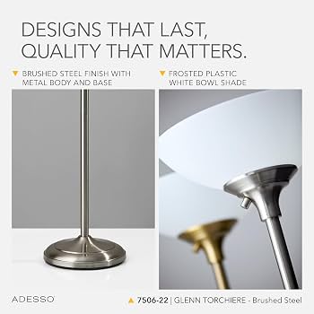 Adesso Brushed Steel Torchiere Floor Lamp with Frosted White Shade