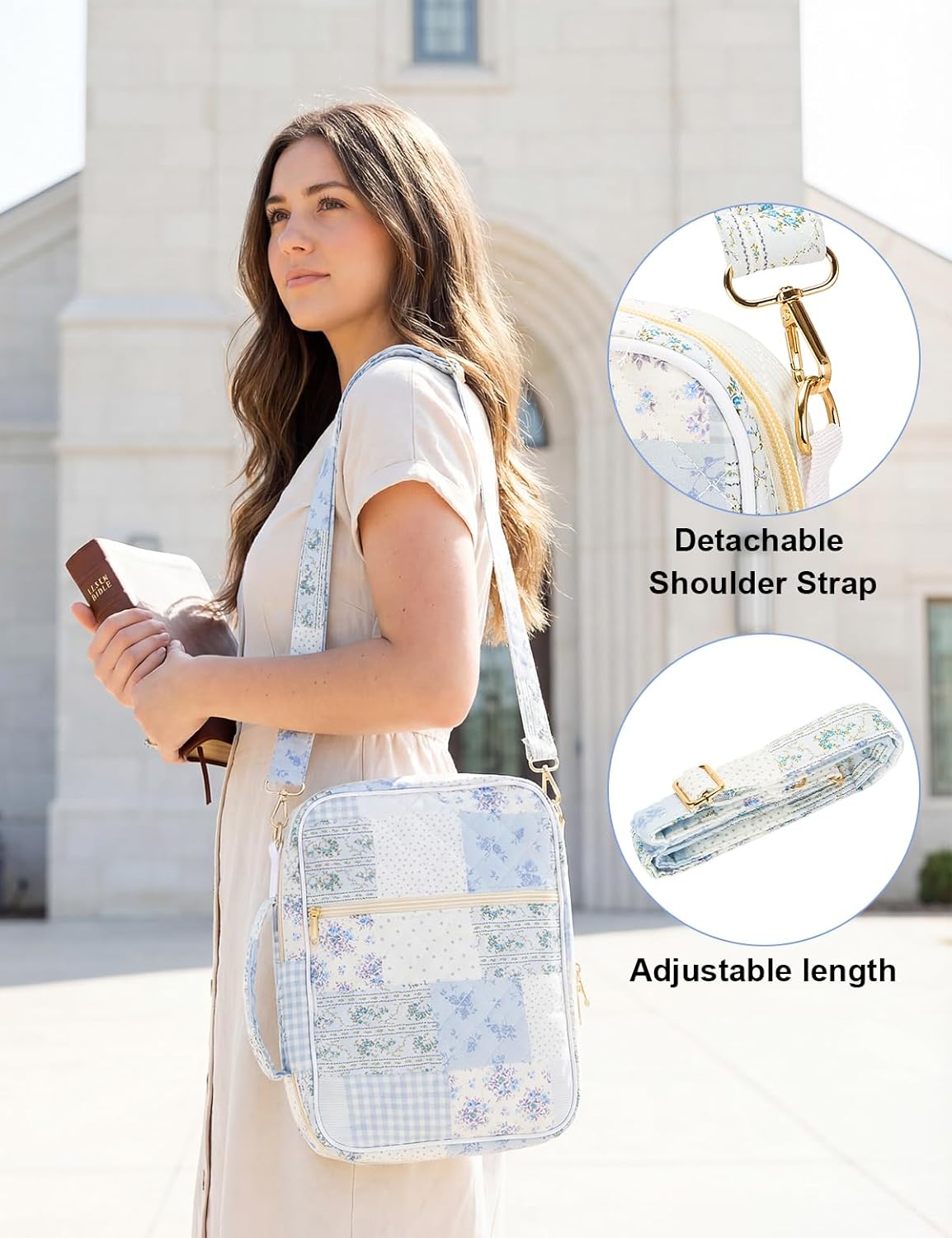 Bible Cover Case for Women Large Bible Cover Bag Cotton Quilted Blue Floral Bible Carrying Case Bible Book Cover with Handle Shoulder Strap for Girls Bible Study Supplies Christian Mothers Day Gift