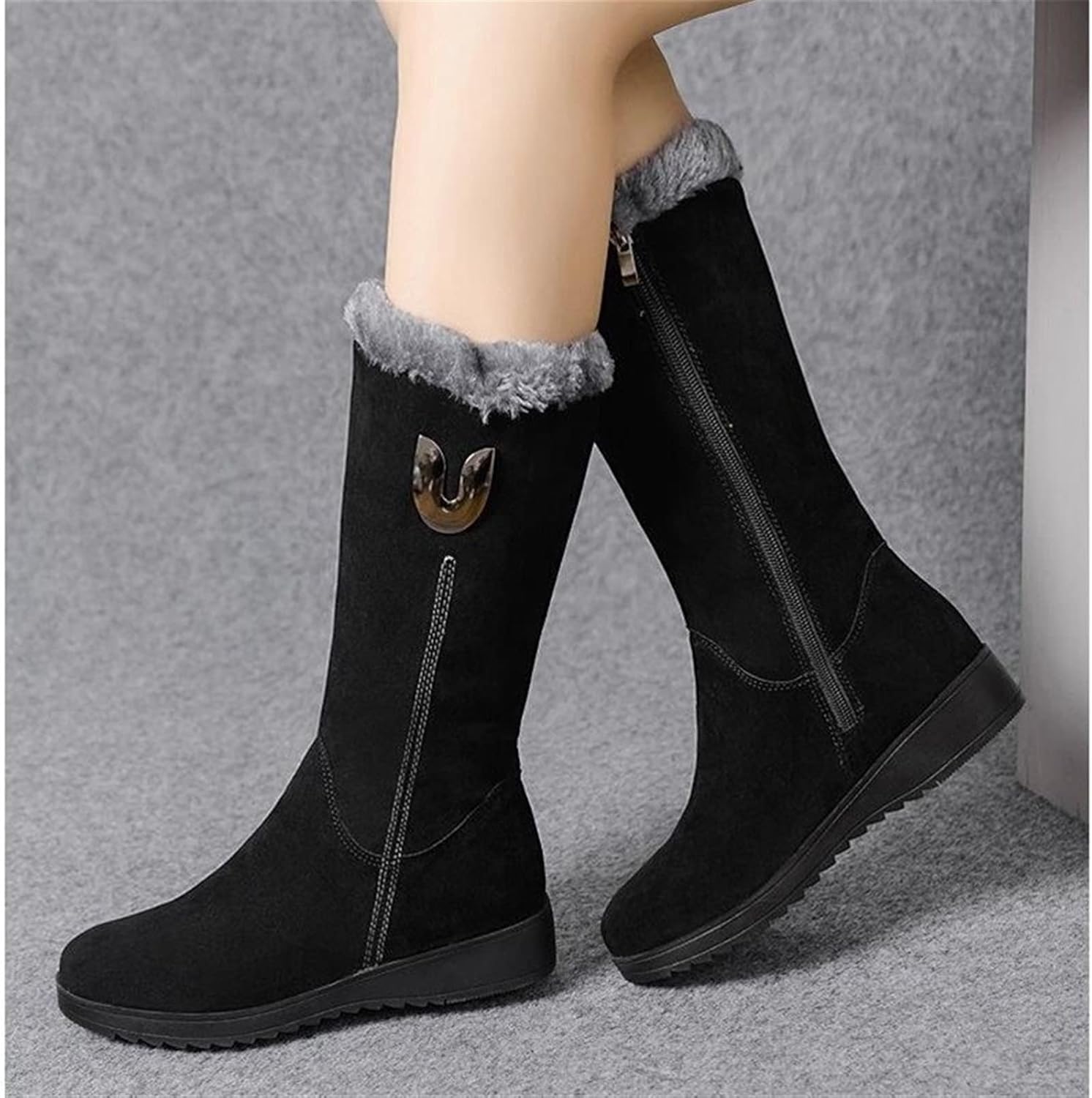 YDYCG Winter Zipper Fashion Low Heels Gladiator Plush Motorcycle Boots Lady Shoes Women Boots (Color : Black, Shoe Size : 7.5)