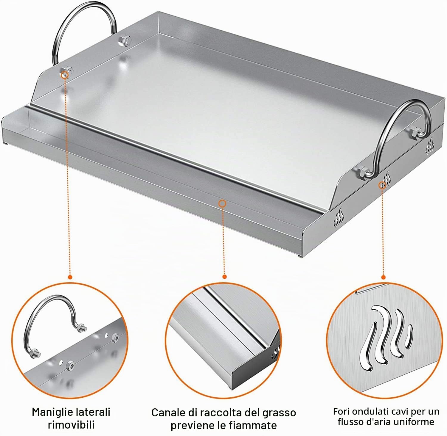Onlyfire piastra BBQ universale in acciaio inossidabile per barbecue a carbonella, a gas e altri, rettangolare, 51 X 32 X 12,4 cm (larghezza x profondità x altezza)