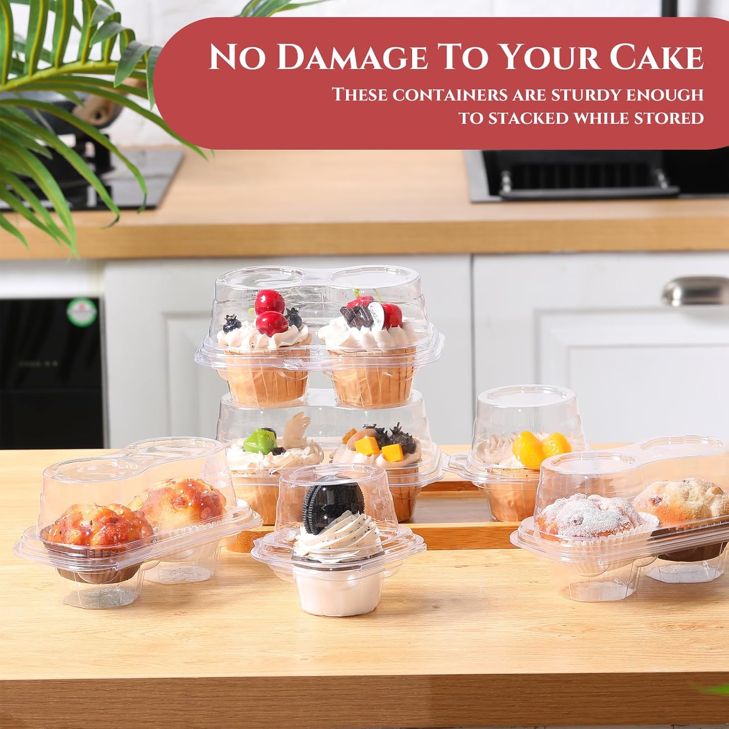 Tanlade 100 Pcs 2 Cavity Cupcake Boxes 200 Pcs Baking Cups 2 Compartment Plastic Cupcake Containers Clear Stackable Cupcake Carrier Holder with Lids for Cupcakes, Muffins