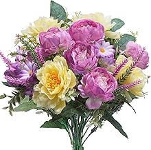 Zythrem Peony Artificial Flowers Fake Peonies Silk Spring Flowers Mix Lavender Daisy Bouquet Faux Plastic Daisy Flowers for Wedding Decor Table Centerpieces Home Office Grave Flower（Purple,Yellow）