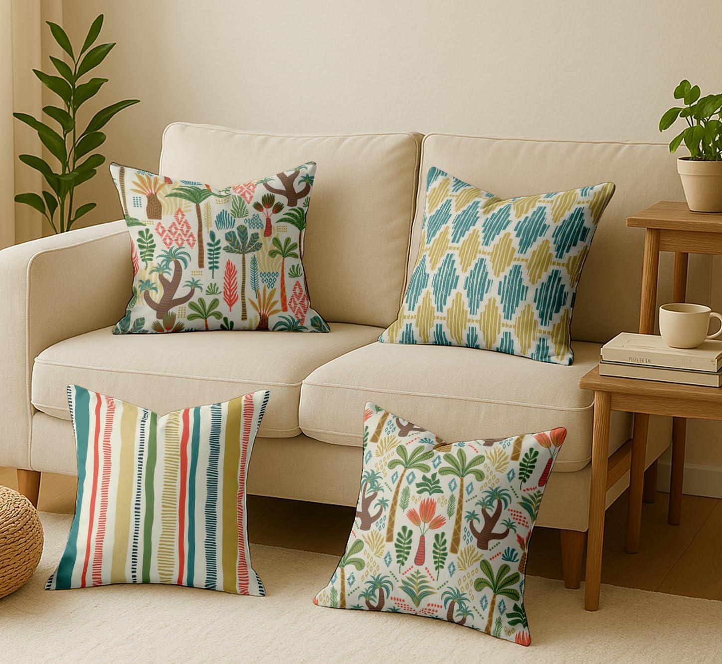 Set of 4 16x16 Inch Pillow Covers - 100% Cotton, Decorative Tree Print, Double-Sided Print with Concealed Zipper - Filler Not Included - Green