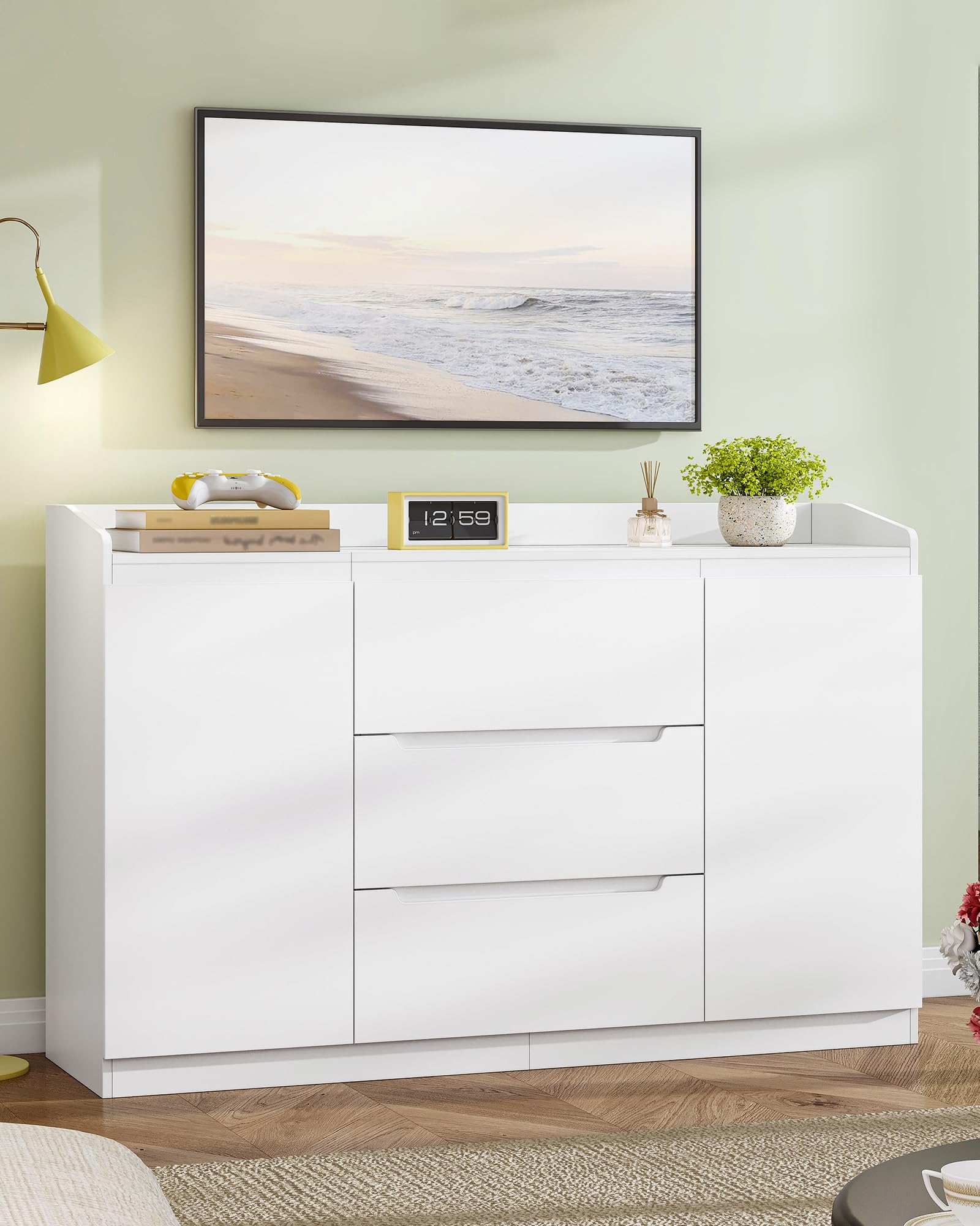 Hzuaneri Kommode, 3 Schubladen, 2 Türen, 40 x 140 x 87 cm, Weiß | Holz-Kommode, moderner Aufbewahrungsschrank für Schlafzimmer, Wohnzimmer, Büro, Eingangsbereich, DC12503X