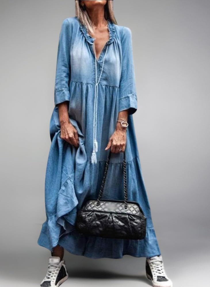 Robe évasée en jean avec manches ballon - bleu stone