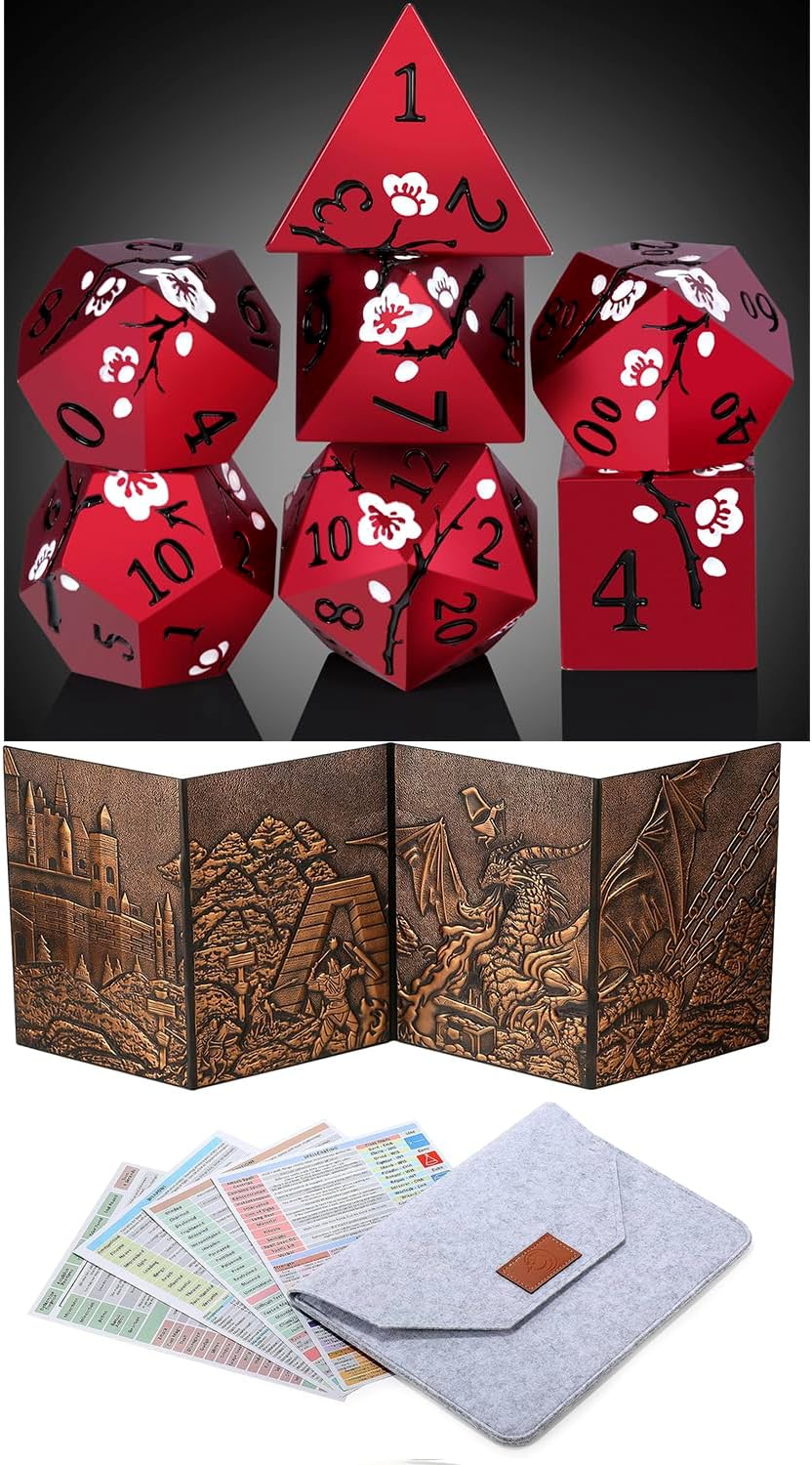 DNDND Matt Red DND Metal Dice with Gift Metal Case and DNDND 3D DM Screen