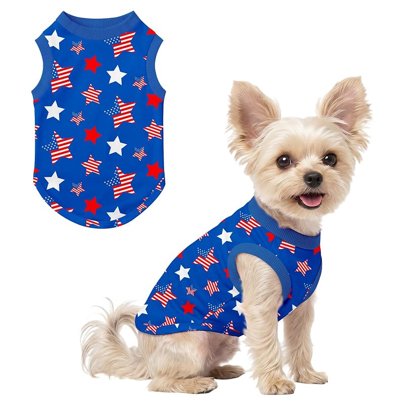 Camiseta para cães pequenos sem mangas em tecido elástico Ruirichfun Blue Star, tamanho X-Small (peito 27,94 cm)