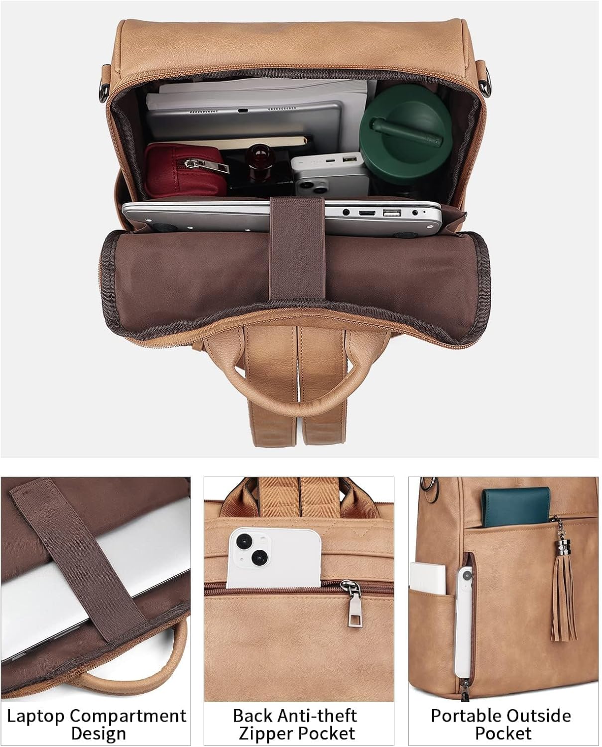 FADEON Leather Laptop Backpack for Women Designer 15.6 inch PU Laptop Bag, Ladies Travel Computer Work Backpack Camel Brown - Image 2