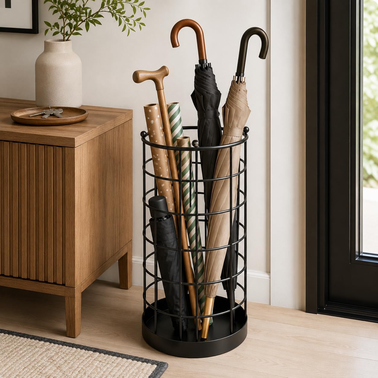 Galaxy Fashion Point Metal Umbrella Stand for Entryway | Freestanding Umbrella Holder with Removable Drip Tray | Rustproof Iron Umbrella Storage Rack for Home, Office, Hotel & Lobby | Black-image-48