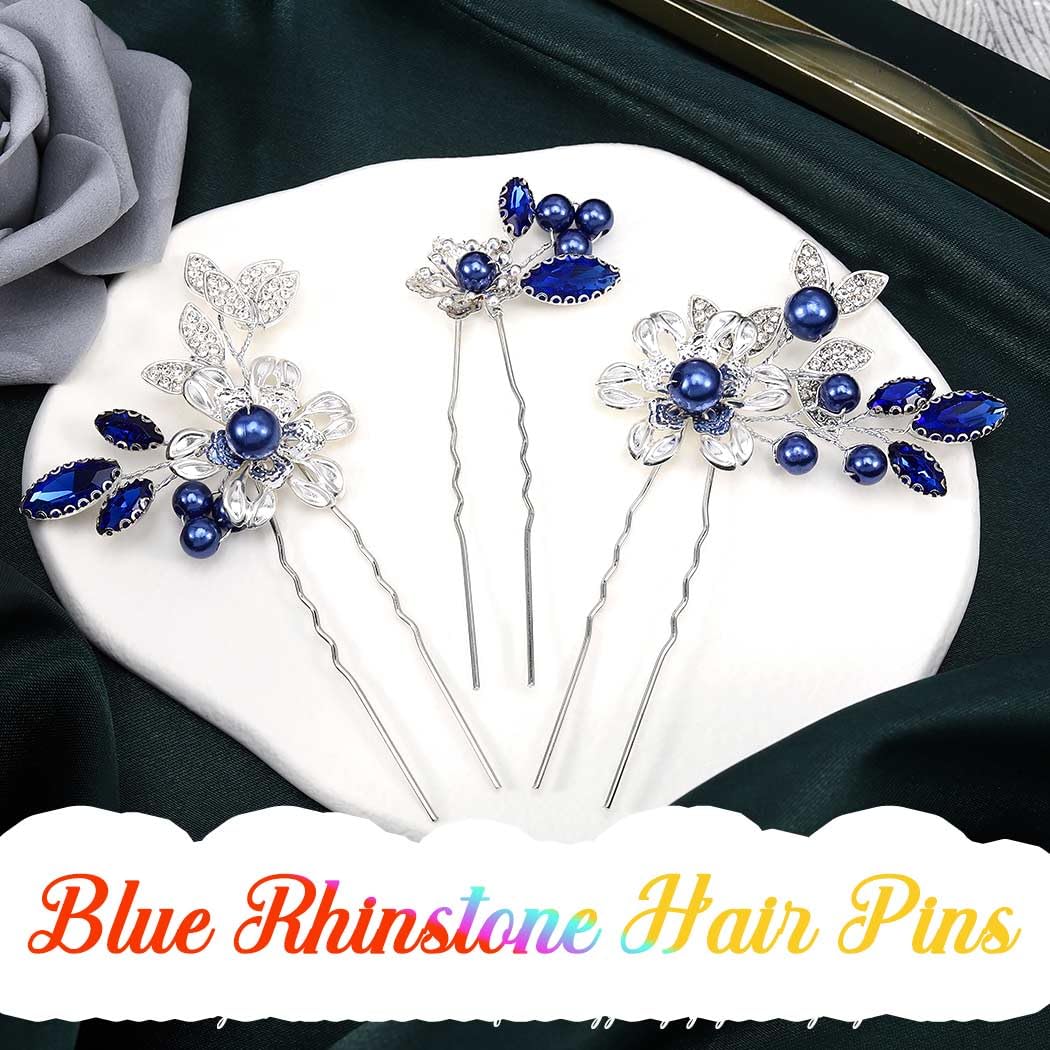 Casdre Crystal Bride Wedding Hair Pins Silver Pearl Bridal Hair Pieces Flower Hair Accessories for Women and Girls(Pack of 3) (B Blue) - Image 3