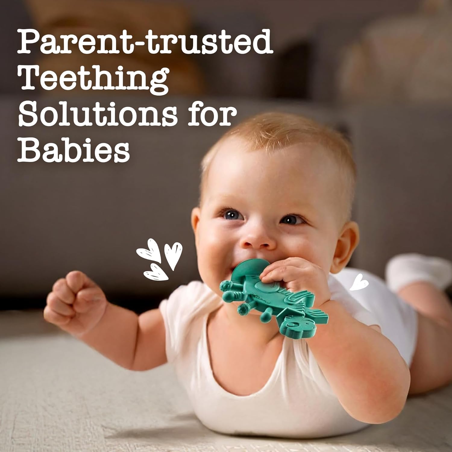 Bambeado Dibly Baby Teething Toy - Made with Natural Rubber & Amber Elements - Easy to Hold, Simple to Clean - Cute Dinosaur Teether Toy - Alternative to Amber Teething Necklace Green