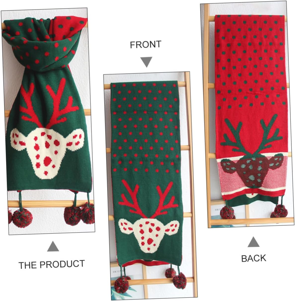 Housoutil Christmas Reindeer Wool Scarf Double-sided Knitted Cold-weather Green Ladies Xmas Wrap for Women Holiday Season