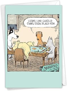 NobleWorks - 1 Humor Birthday Dog Card with Envelope - Funny Puppies Cartoons for Birthday Greetings, Celebration Notecard - Dogopoly C3986BDG